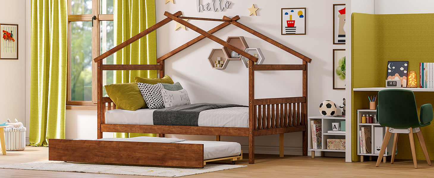 Full Size Wooden House Bed With Twin Size Trundle, Walnut Walnut Solid Wood