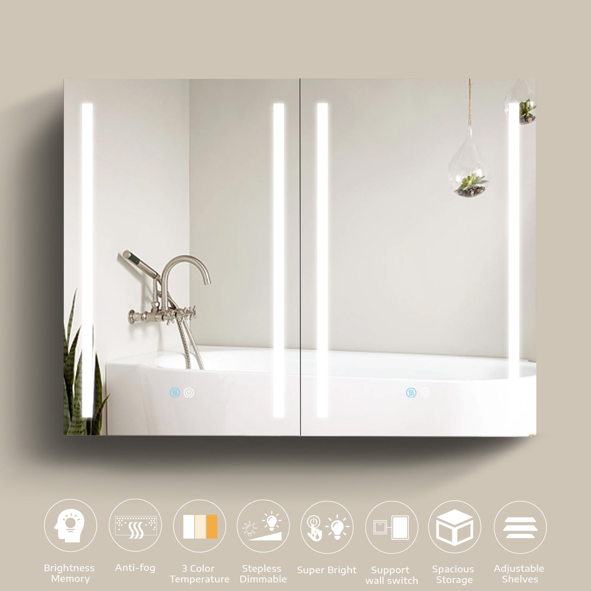 40X30 Inch Led Bathroom Medicine Cabinet Surface Mount Double Door Lighted Medicine Cabinet, Medicine Cabinets For Bathroom With Mirror Defogging, Dimmer White White Modern Aluminium