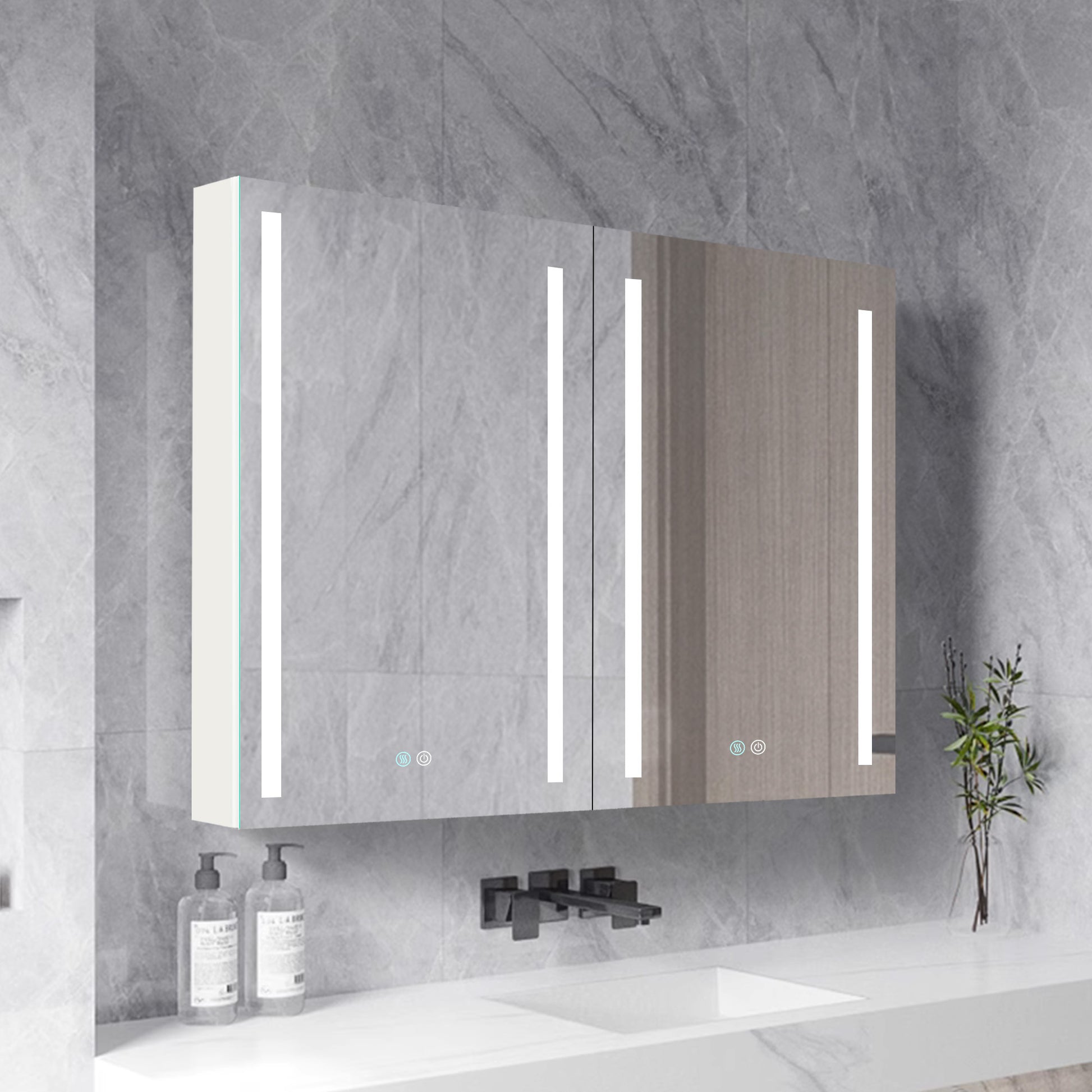 40X30 Inch Led Bathroom Medicine Cabinet Surface Mount Double Door Lighted Medicine Cabinet, Medicine Cabinets For Bathroom With Mirror Defogging, Dimmer White White Modern Aluminium