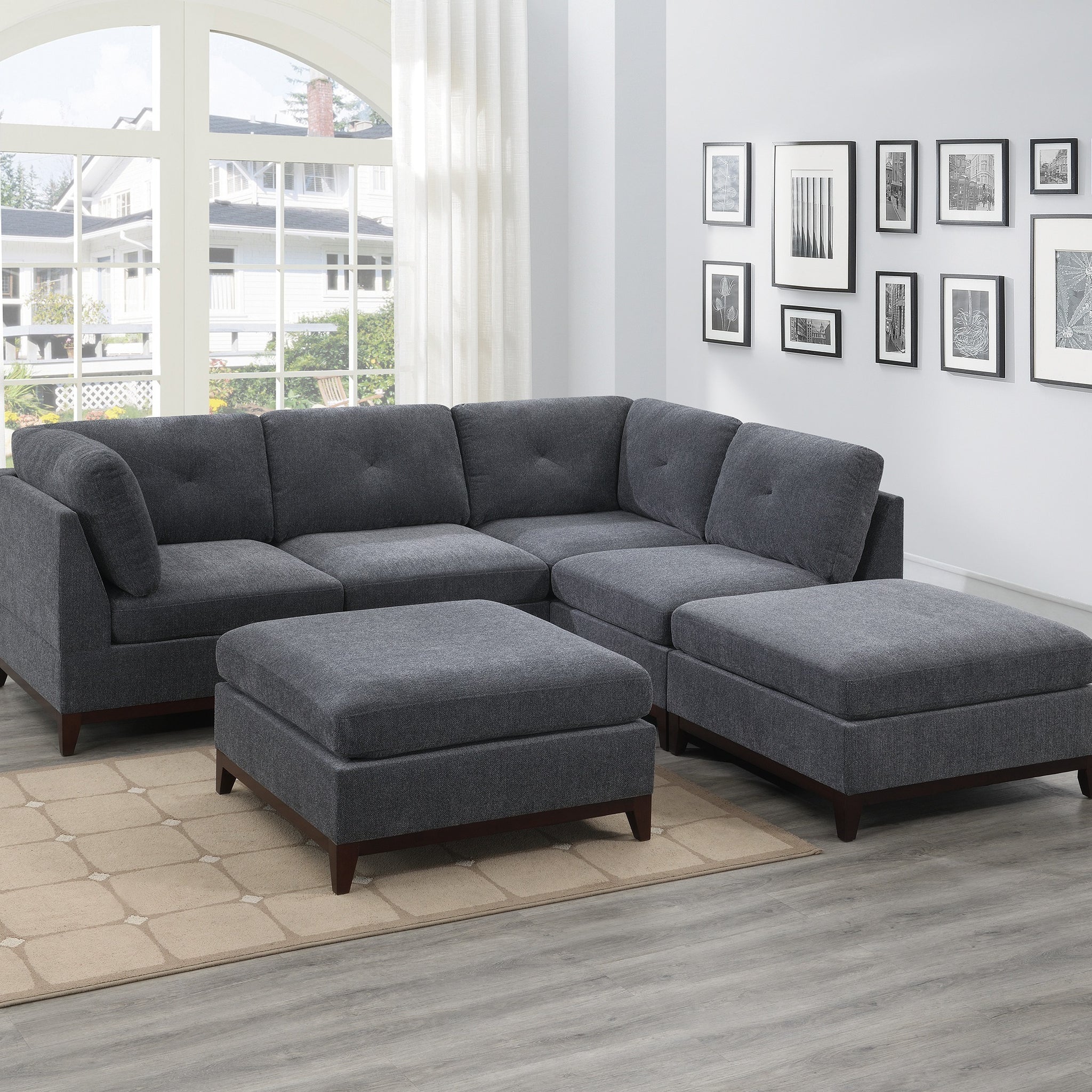 Ash Grey Chenille Fabric Modular Sectional 6Pc Set Living Room Furniture Corner L Sectional Couch 2X Corner Wedge 2X Armless Chairs And 2X Ottomans Tufted Back Gun Ash Chenille Wood Primary Living Space Cushion Back Contemporary,Modern Modular Chenille 6