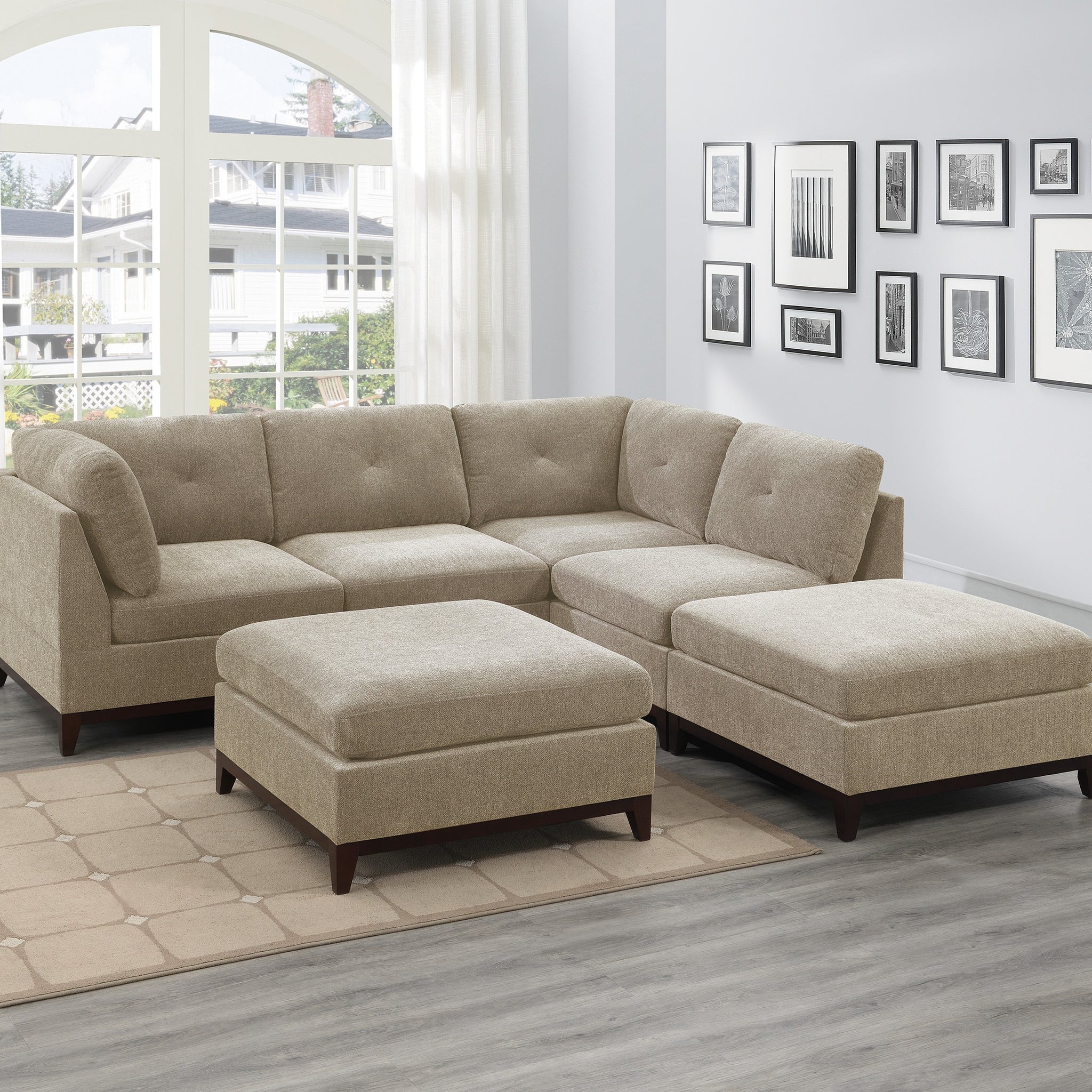 Camel Chenille Fabric Modular Sectional 6Pc Set Living Room Furniture Corner L Sectional Couch 2X Corner Wedge 2X Armless Chairs And 2X Ottomans Tufted Back Exposed Wooden Base Camel Chenille Wood Primary Living Space Cushion Back Contemporary,Modern