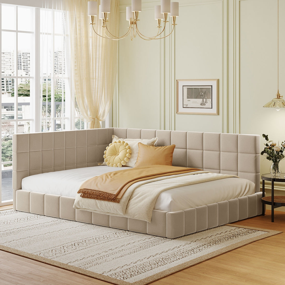 Full Size Upholstered Daybed Sofa Bed Frame Beige, Velvet Beige Upholstered