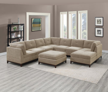 Camel Chenille Fabric Modular Sectional 9Pc Set Living Room Furniture Corner Sectional Couch 3X Corner Wedge 4X Armless Chairs And 2X Ottomans Tufted Back Exposed Wooden Base Camel Chenille Wood Primary Living Space Cushion Back Contemporary,Modern