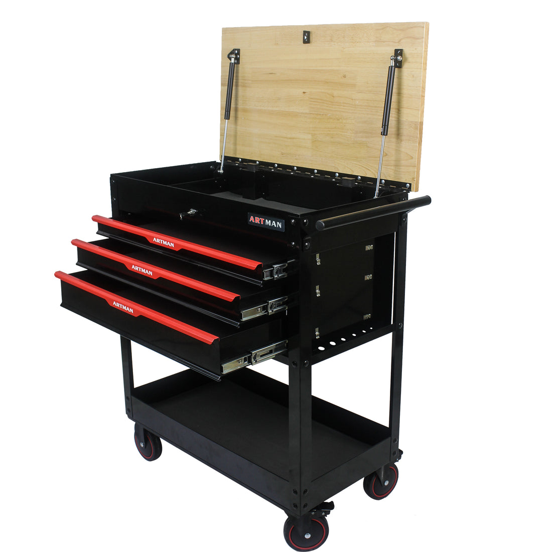 3 Drawers Multifunctional Tool Cart With Wheels And Wooden Top Black Red Metal