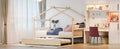 Full Size Wooden House Bed With Twin Size Trundle, Natural Natural Solid Wood