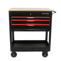 3 Drawers Multifunctional Tool Cart With Wheels And Wooden Top Black Red Metal