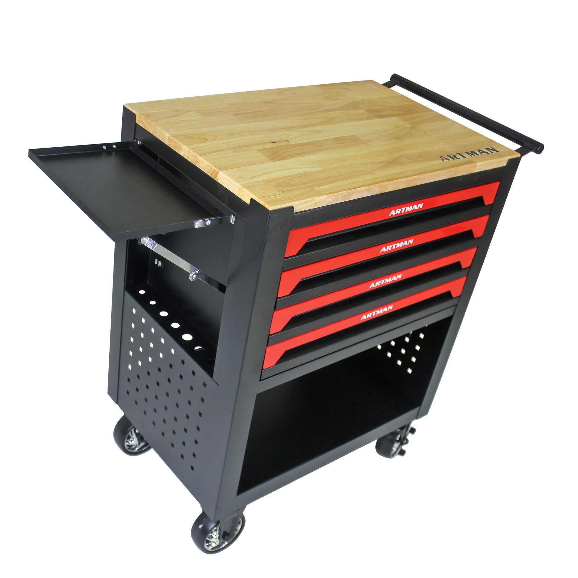 4 Drawers Multifunctional Tool Cart With Tool Set And Wooden Top Black Metal