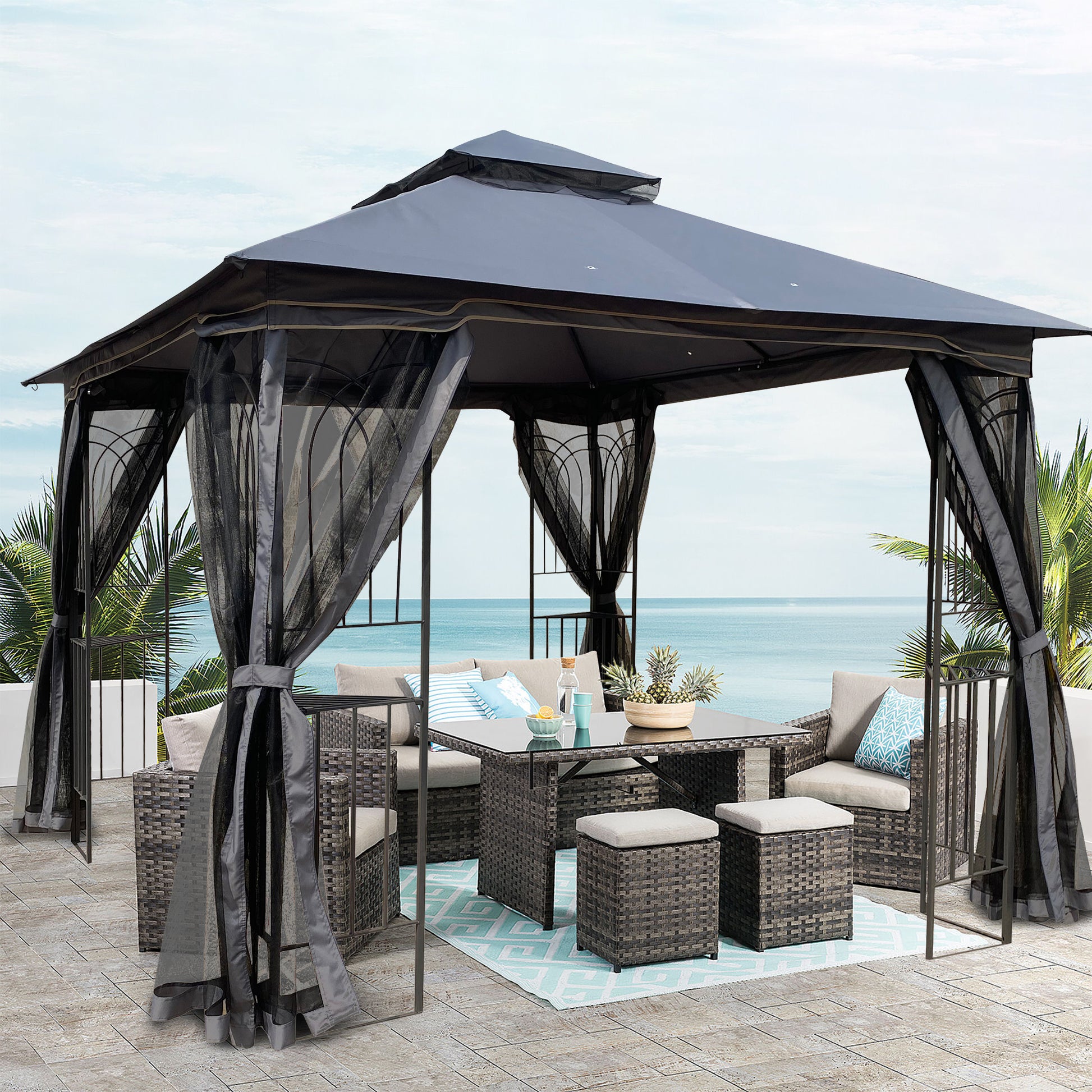 10X10 Outdoor Patio Gazebo Canopy Tent With Ventilated Double Roof And Mosquito Net Detachable Mesh Screen On All Sides ,Suitable For Lawn, Garden, Backyard And Deck,Gray Top Gray Steel