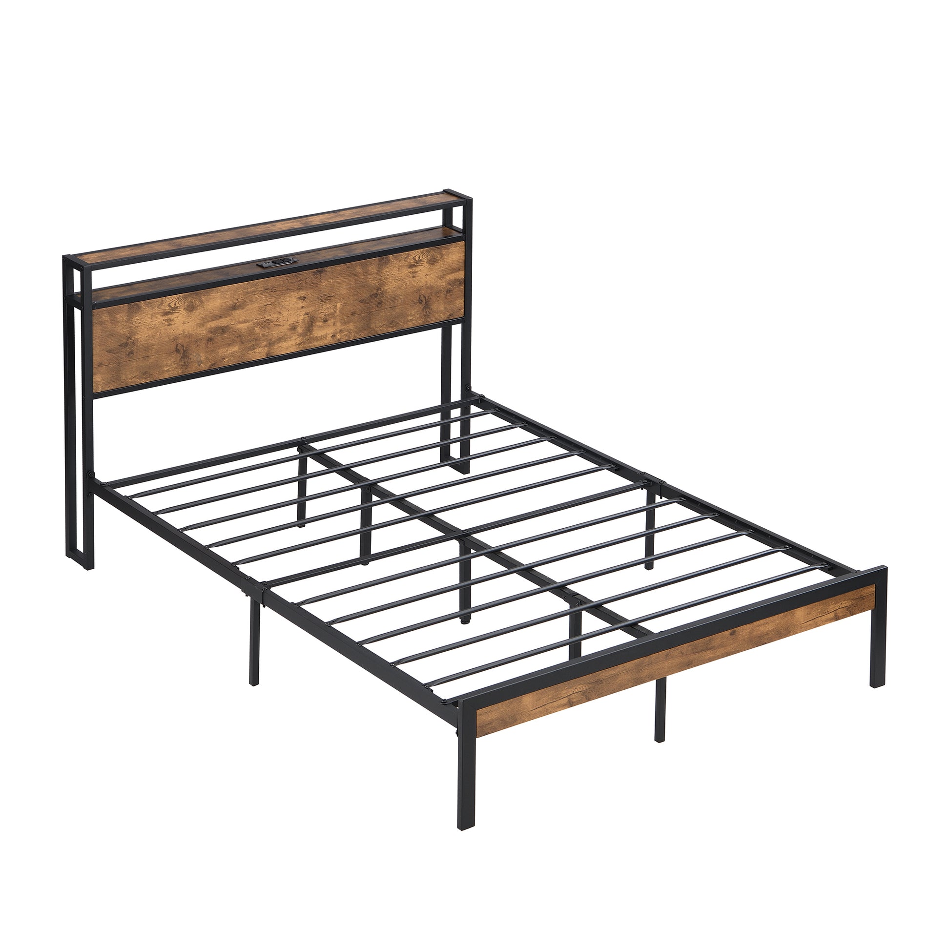 King Size Metal Platform Bed Frame With Wooden Headboard And Footboard With Usb Liner, No Box Spring Needed, Large Under Bed Storage, Easy Assemble King Black Brown Metal