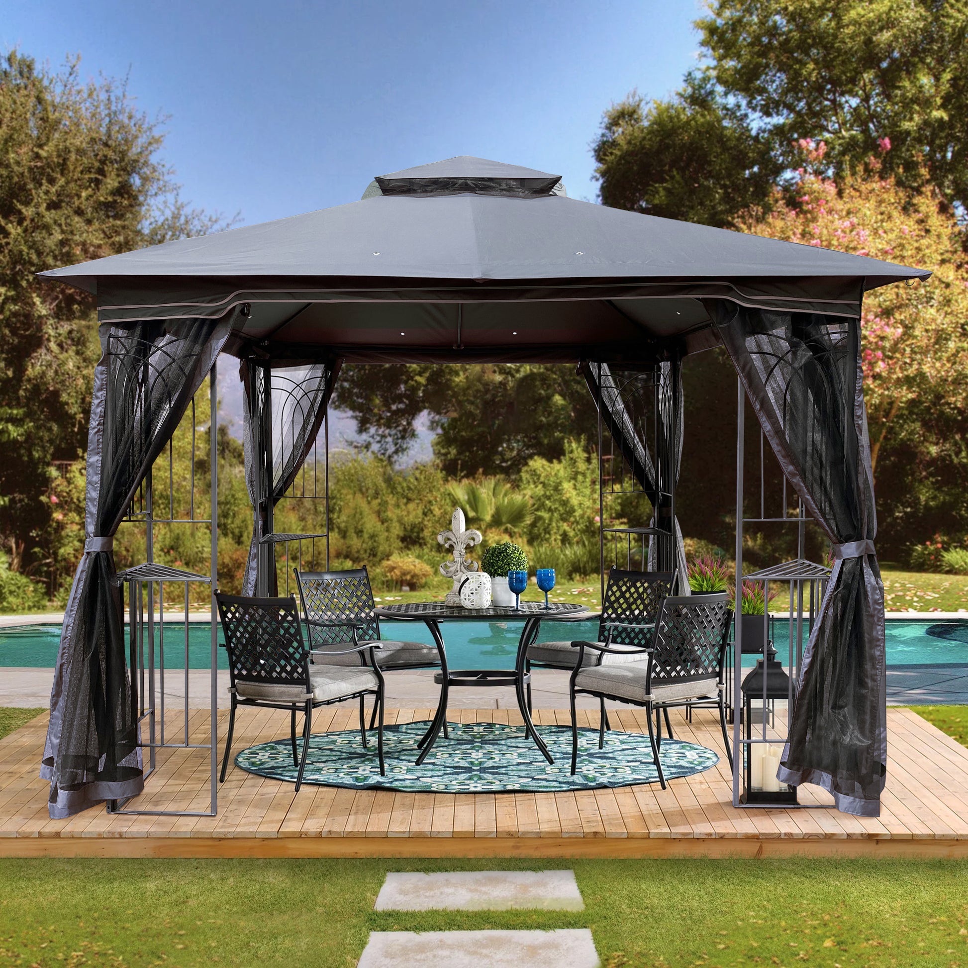 10X10 Outdoor Patio Gazebo Canopy Tent With Ventilated Double Roof And Mosquito Net Detachable Mesh Screen On All Sides ,Suitable For Lawn, Garden, Backyard And Deck,Gray Top Gray Steel