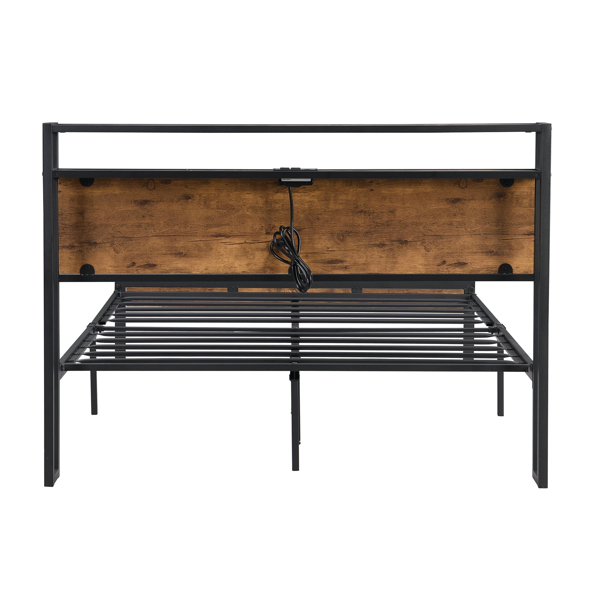 Full Size Metal Platform Bed Frame With Wooden Headboard And Footboard With Usb Liner, No Box Spring Needed, Large Under Bed Storage, Easy Assemble Black Metal