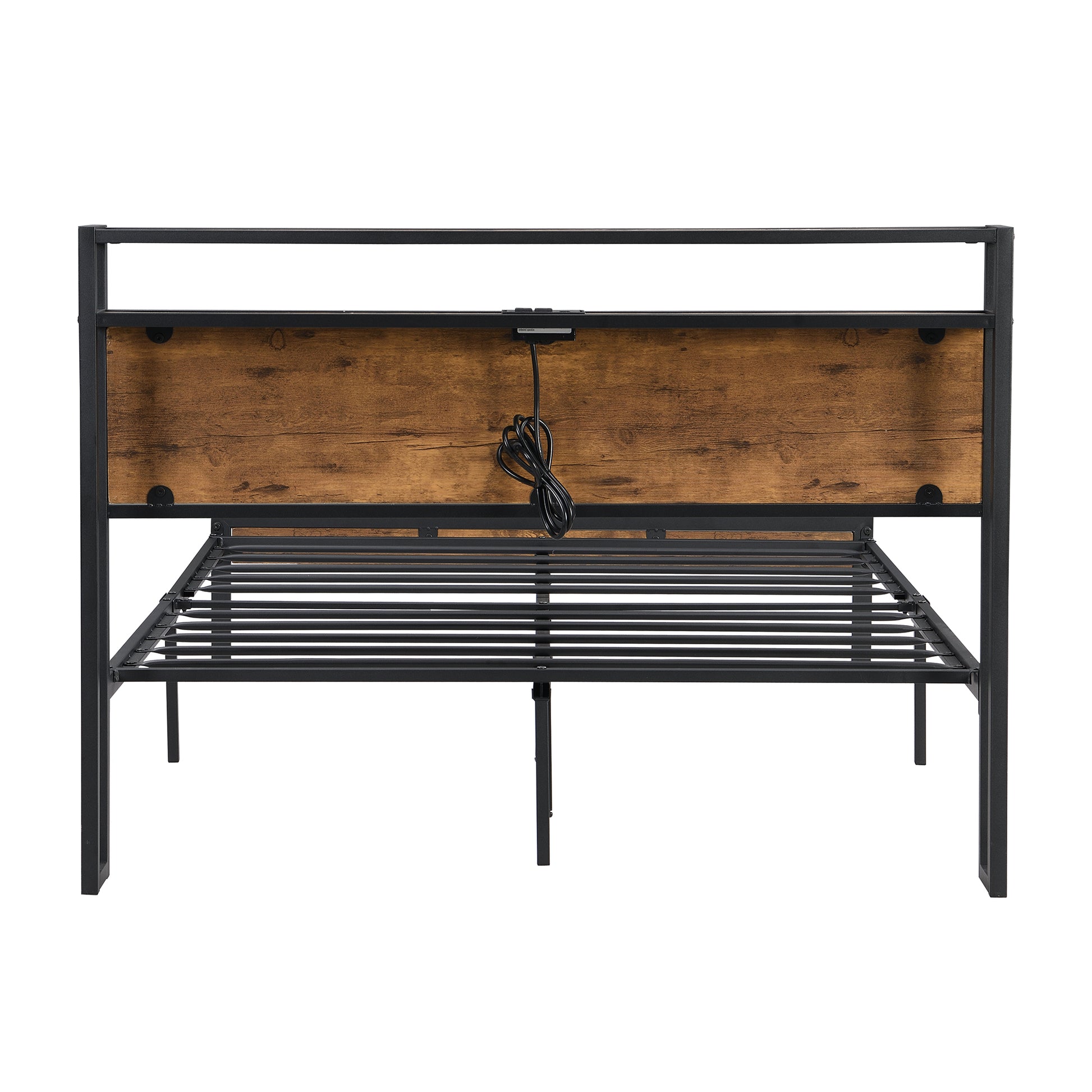 King Size Metal Platform Bed Frame With Wooden Headboard And Footboard With Usb Liner, No Box Spring Needed, Large Under Bed Storage, Easy Assemble King Black Brown Metal
