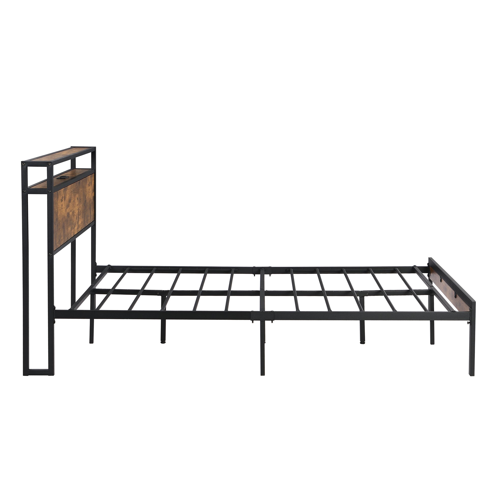 Full Size Metal Platform Bed Frame With Wooden Headboard And Footboard With Usb Liner, No Box Spring Needed, Large Under Bed Storage, Easy Assemble Black Metal