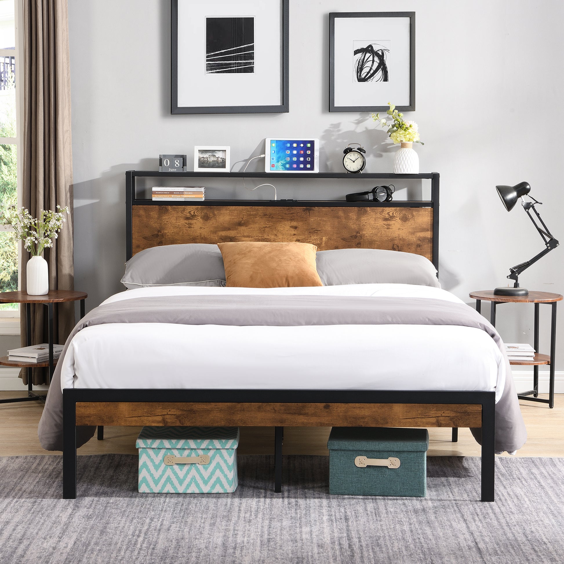 Queen Size Metal Platform Bed Frame With Wooden Headboard And Footboard With Usb Liner, No Box Spring Needed, Large Under Bed Storage, Easy Assemble Queen Black Metal