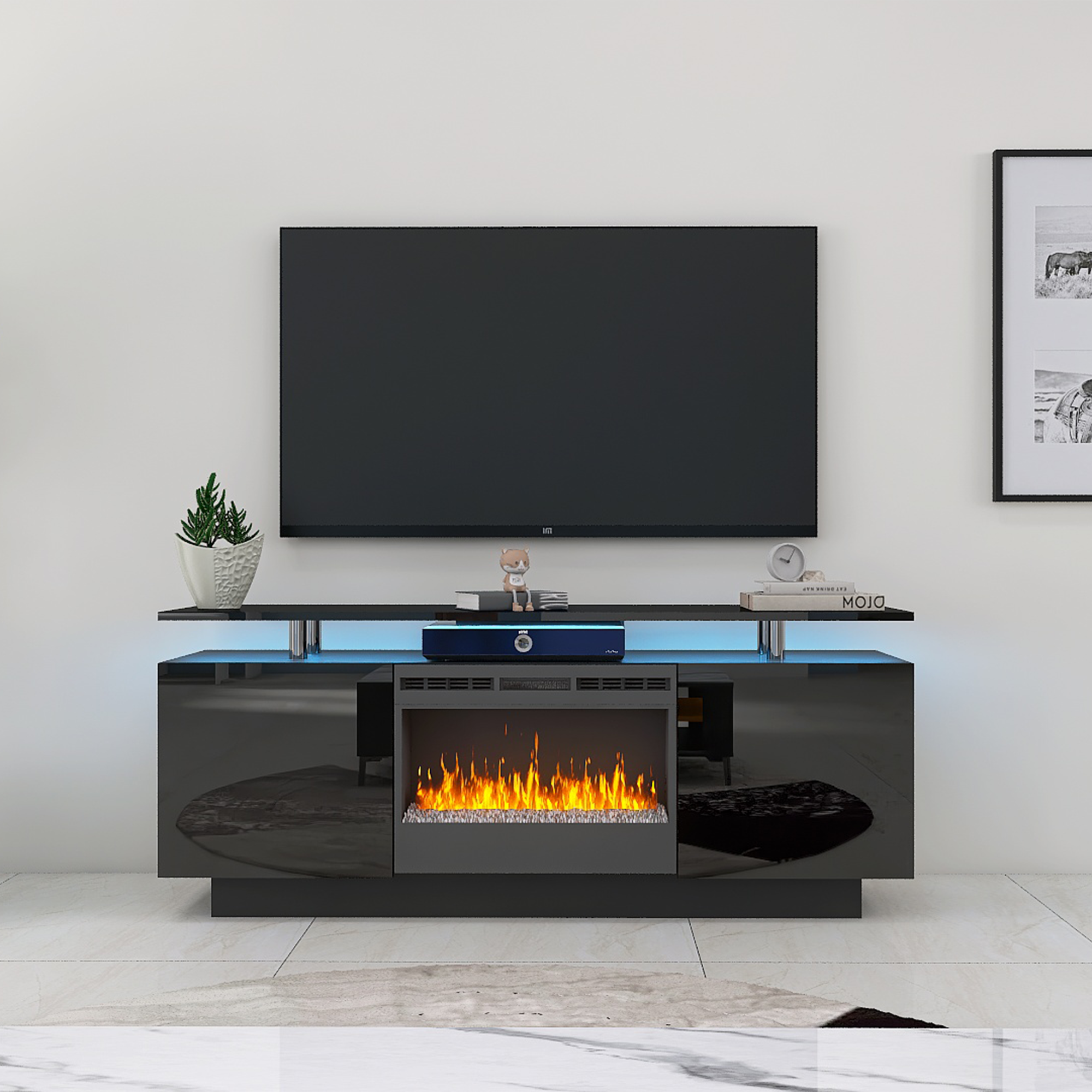 Black 160Cm Large Tv Cabinet With Fireplace Can Heating Change Color 9 Models 8 Levels Have Led Light Black Primary Living Space 60 69 Inches 50 59 Inches 50 Inches Mdf