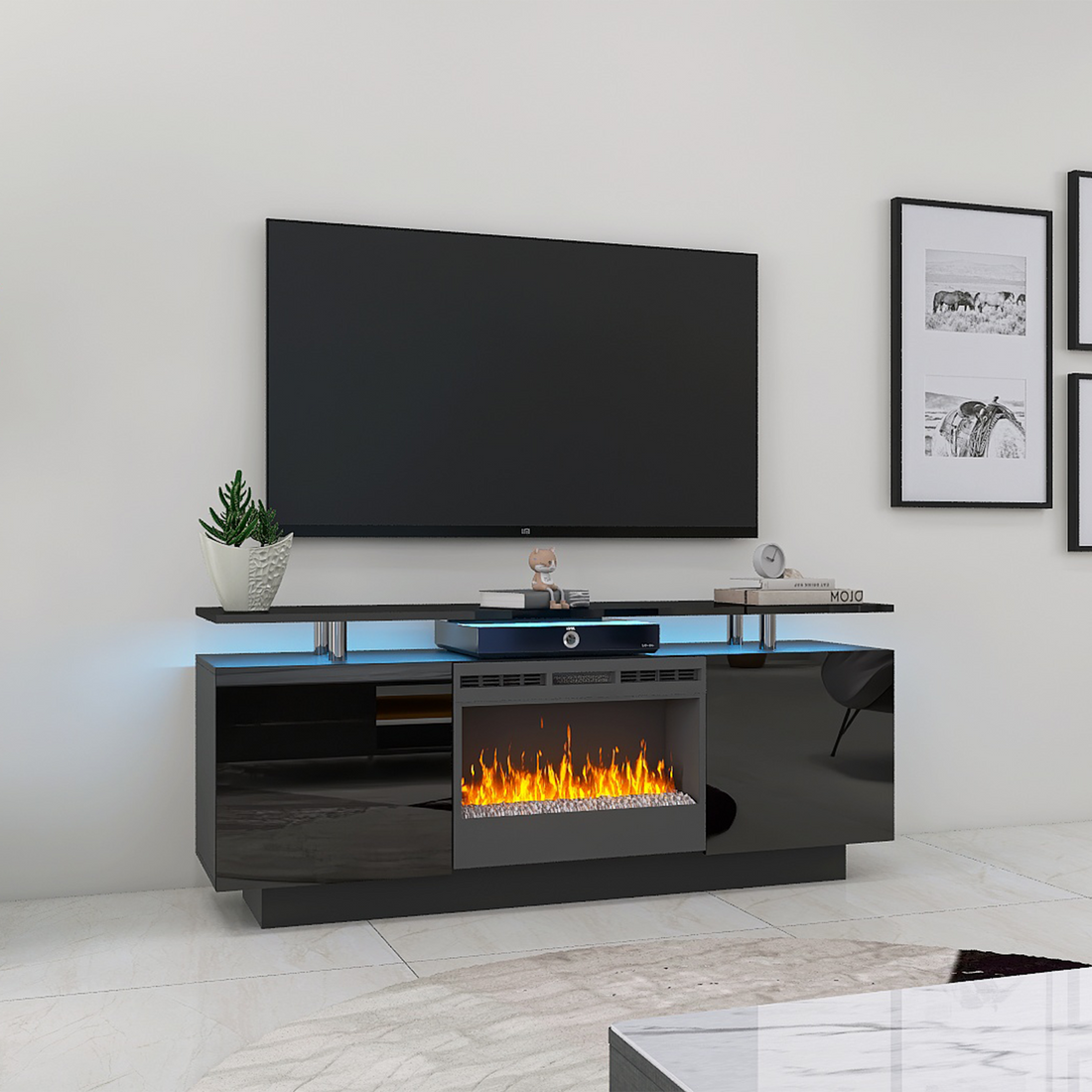 Black 160Cm Large Tv Cabinet With Fireplace Can Heating Change Color 9 Models 8 Levels Have Led Light Black Primary Living Space 60 69 Inches 50 59 Inches 50 Inches Mdf