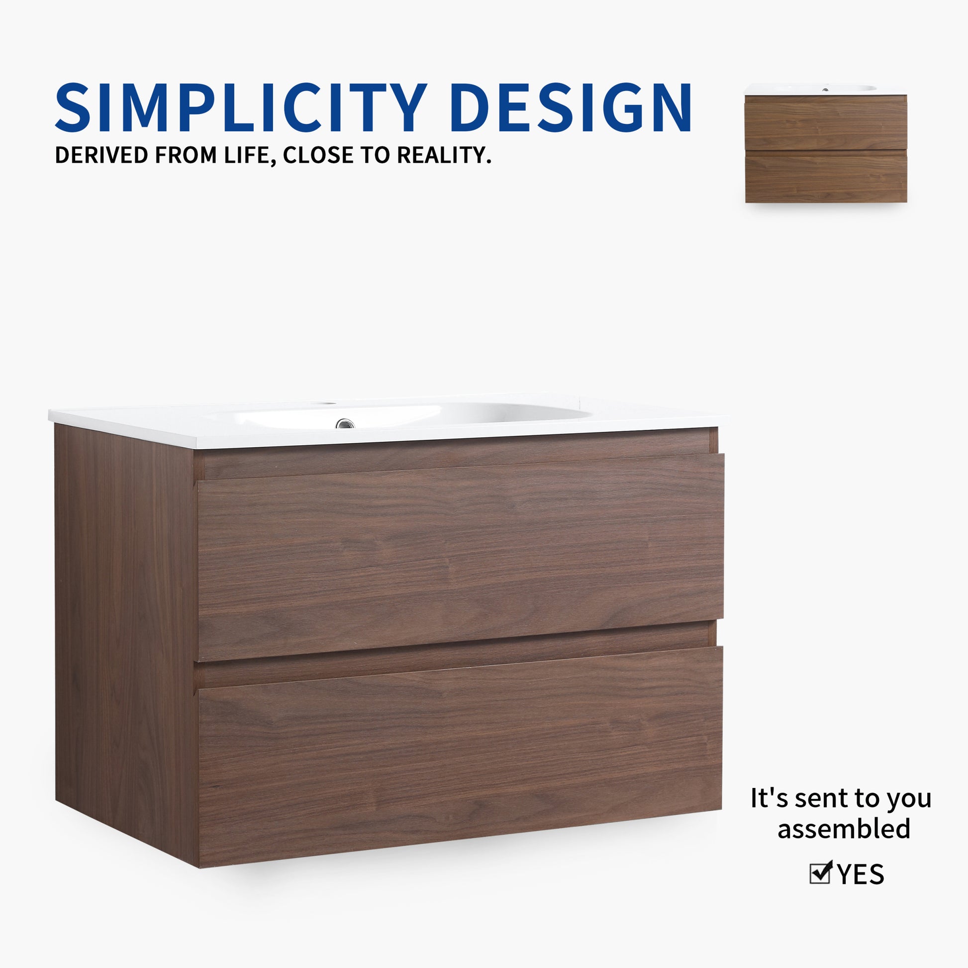 30" Bathroom Vanity With Gel Basin Top, Soft Close Drawer Brown Oak Plywood