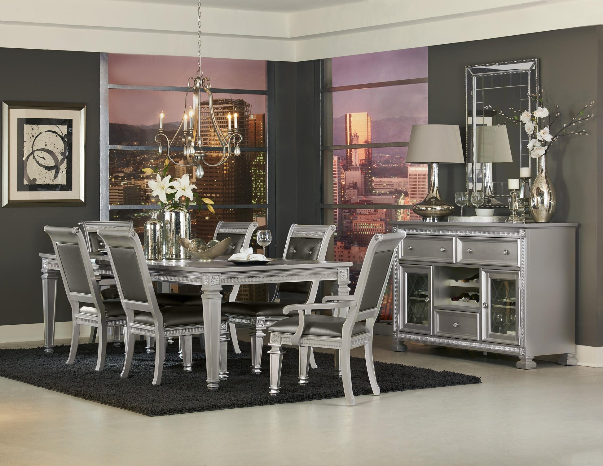 Silver Finish 5Pc Dining Set Table W Leaf And 4X Side Chairs Modern Glam Style Crystal Tufted Chairs Upholstered Seat Wooden Dining Room Furniture Silver Seats 4 Dining Room Extendable Glam,Modern Rectangular Dining Table With Chair Wood