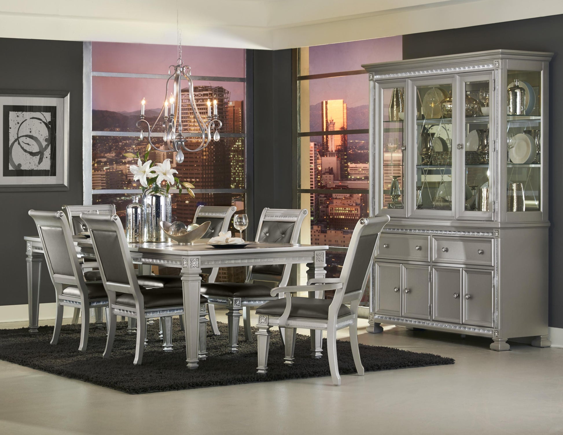 Silver Finish 7Pc Dining Set Table W Leaf 2X Armchairs 4X Side Chairs Modern Glam Style Crystal Tufted Chairs Upholstered Seat Wooden Dining Room Furniture Silver Seats 6 Dining Room Extendable Glam,Modern Rectangular Dining Table With Chair Wood