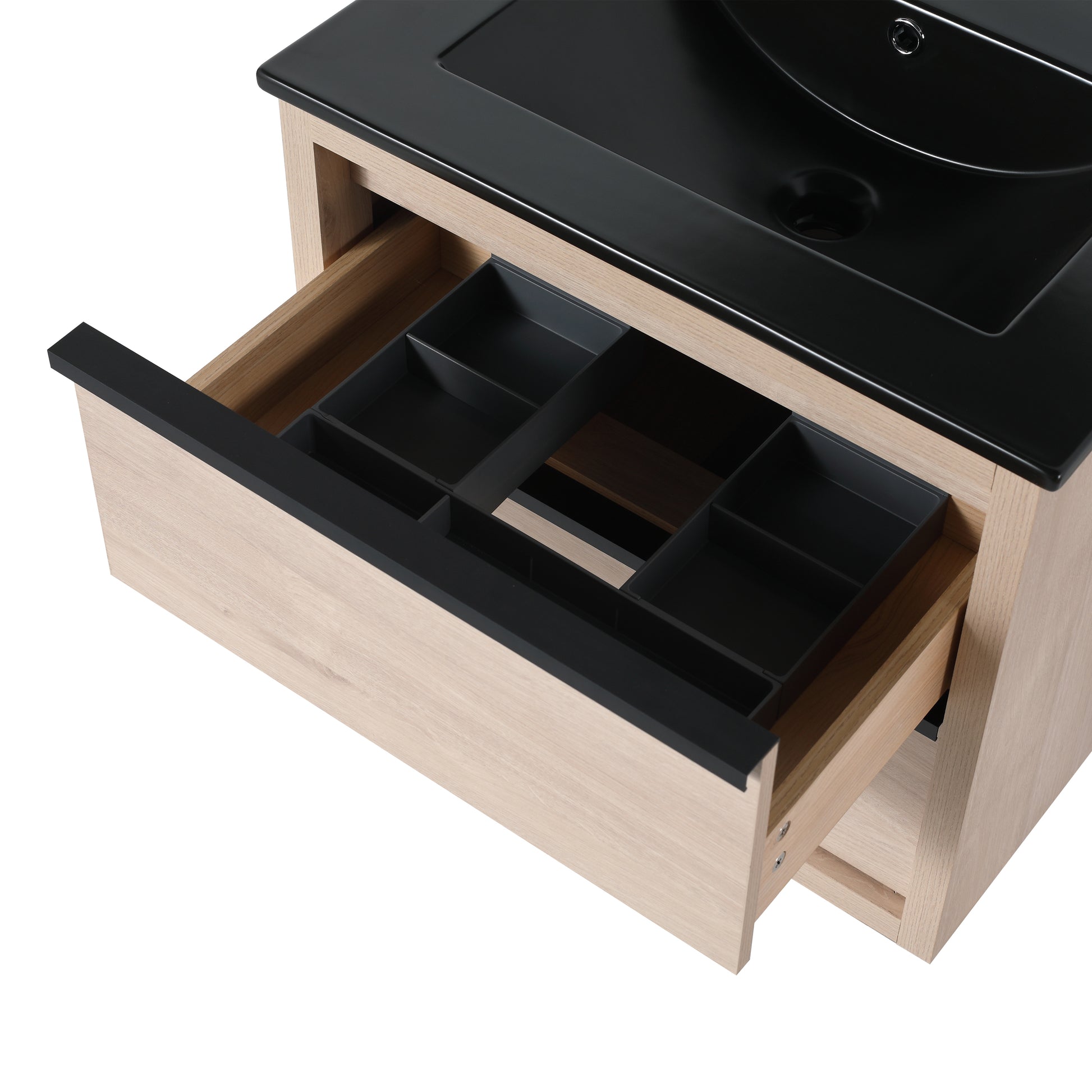 24" Bathroom Vanity, With Black Ceramic Sink And 2 Soft Close Drawers Bva02524Plo G Bl9060Bk W1286S00035 2 Plain Light Oak Bathroom Wall Mounted Modern Plywood