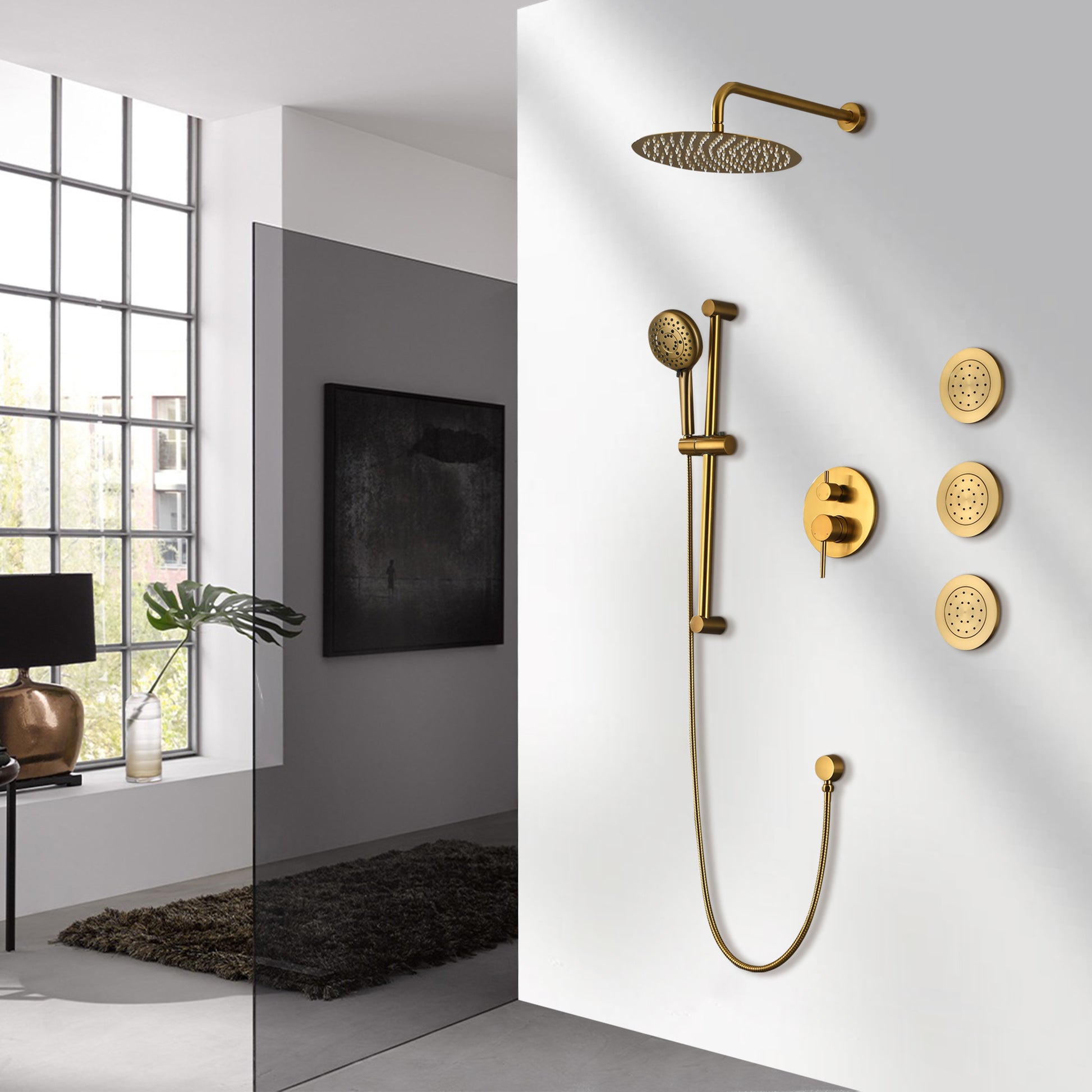 Shower System With Shower Head, Hand Shower, Slide Bar, Bodysprays, Shower Arm, Hose, Valve Trim, And Lever Handles Gold Brass