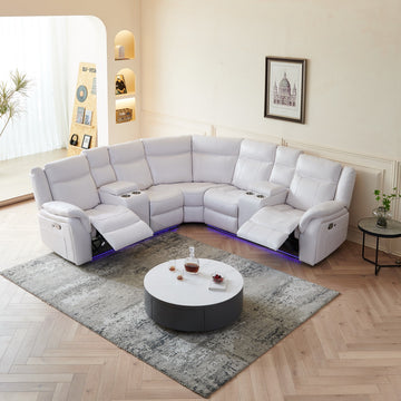 Le151 Manual Reclining Sectional White W Led Strip White Color White Technical Leather