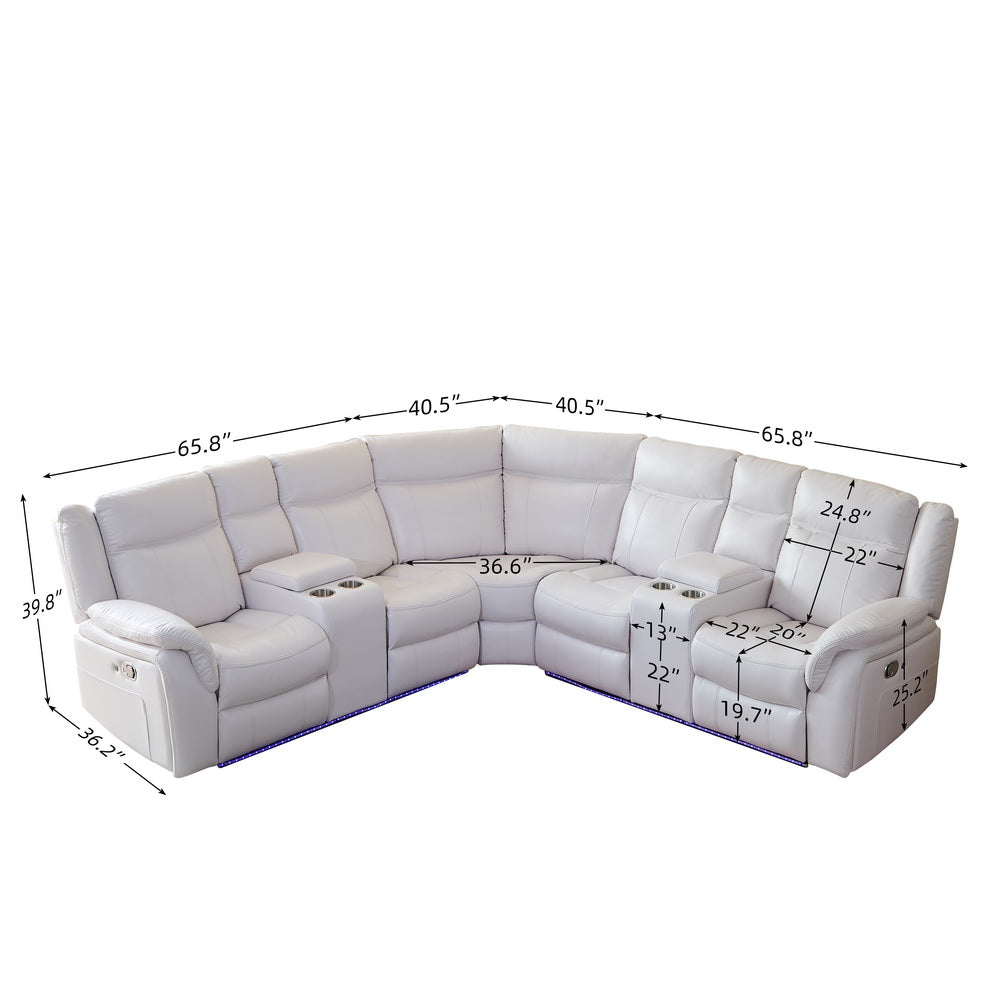 Le151 Manual Reclining Sectional White W Led Strip White Color White Technical Leather