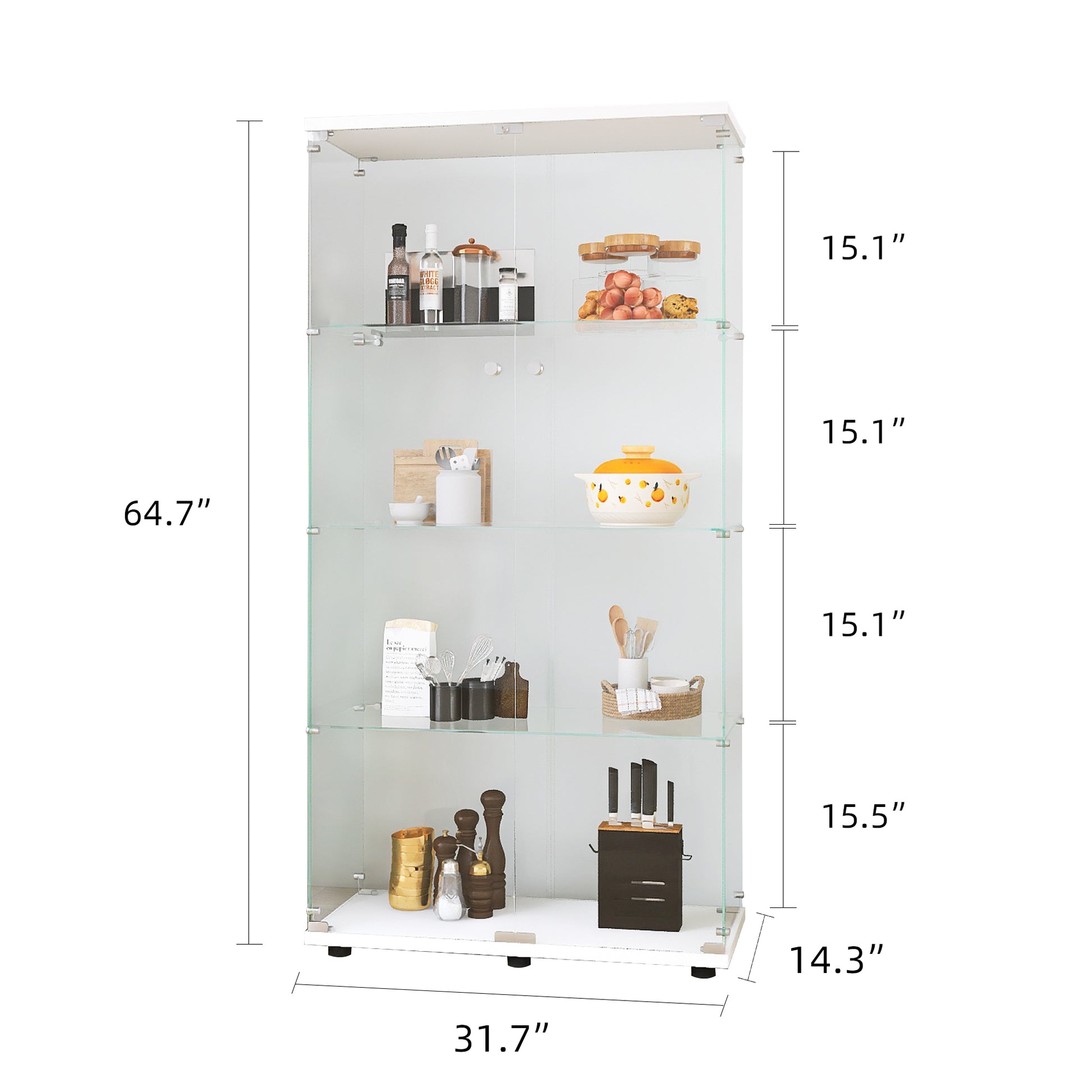 Two Door Glass Display Cabinet 4 Shelves With Door, Floor Standing Curio Bookshelf For Living Room Bedroom Office, 64.7"*31.7"*14.3", White White Glass