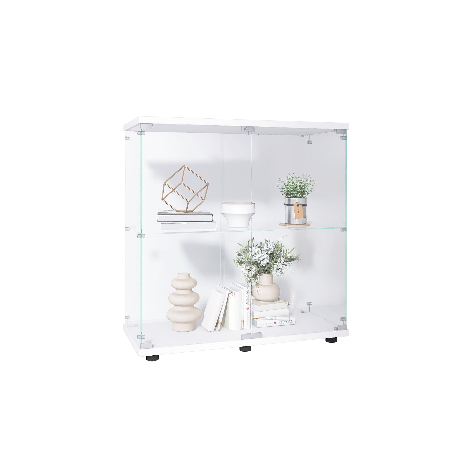 Two Door Glass Display Cabinet 2 Shelves With Door, Floor Standing Curio Bookshelf For Living Room Bedroom Office, 33.35"*31.69"*14.37",White White Glass