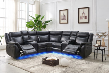 Le145 Manual Reclining Sectional Black W Led Strip Black Technical Leather