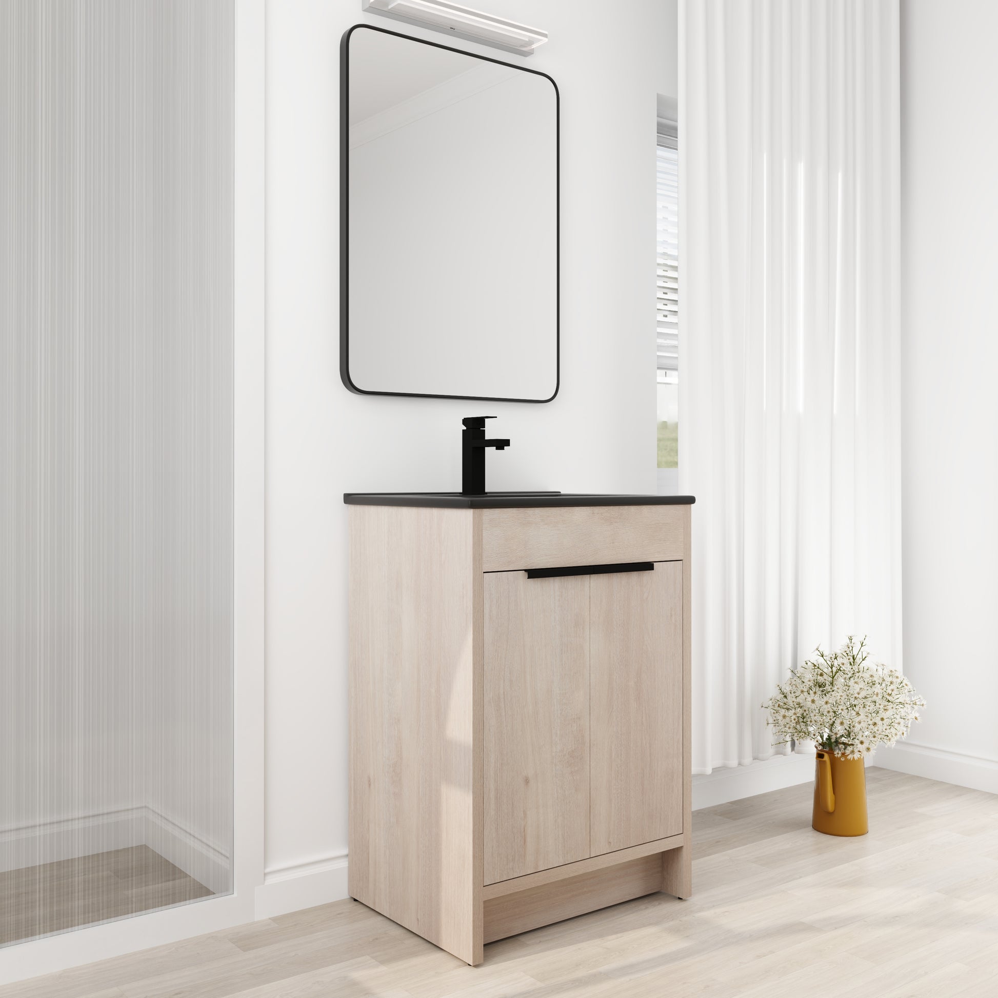 24 Inch Freestanding Bathroom Vanity With Black Ceramic Sink & 2 Soft Close Cabinet Doors Bvb02424Plo G Bl9060Bk ,W1286S00016 Plain Light Oak 2 Bathroom Freestanding Modern Plywood