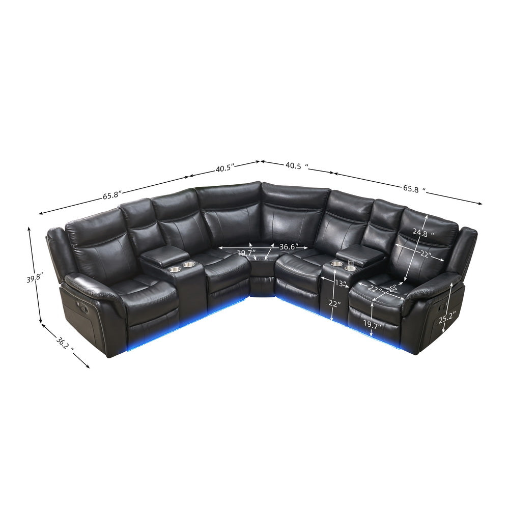 Le153 Power Reclining Sectional Black W Led Strip Black Technical Leather