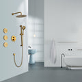 Shower System With Shower Head, Hand Shower, Slide Bar, Bodysprays, Shower Arm, Hose, Valve Trim, And Lever Handles Gold Brass