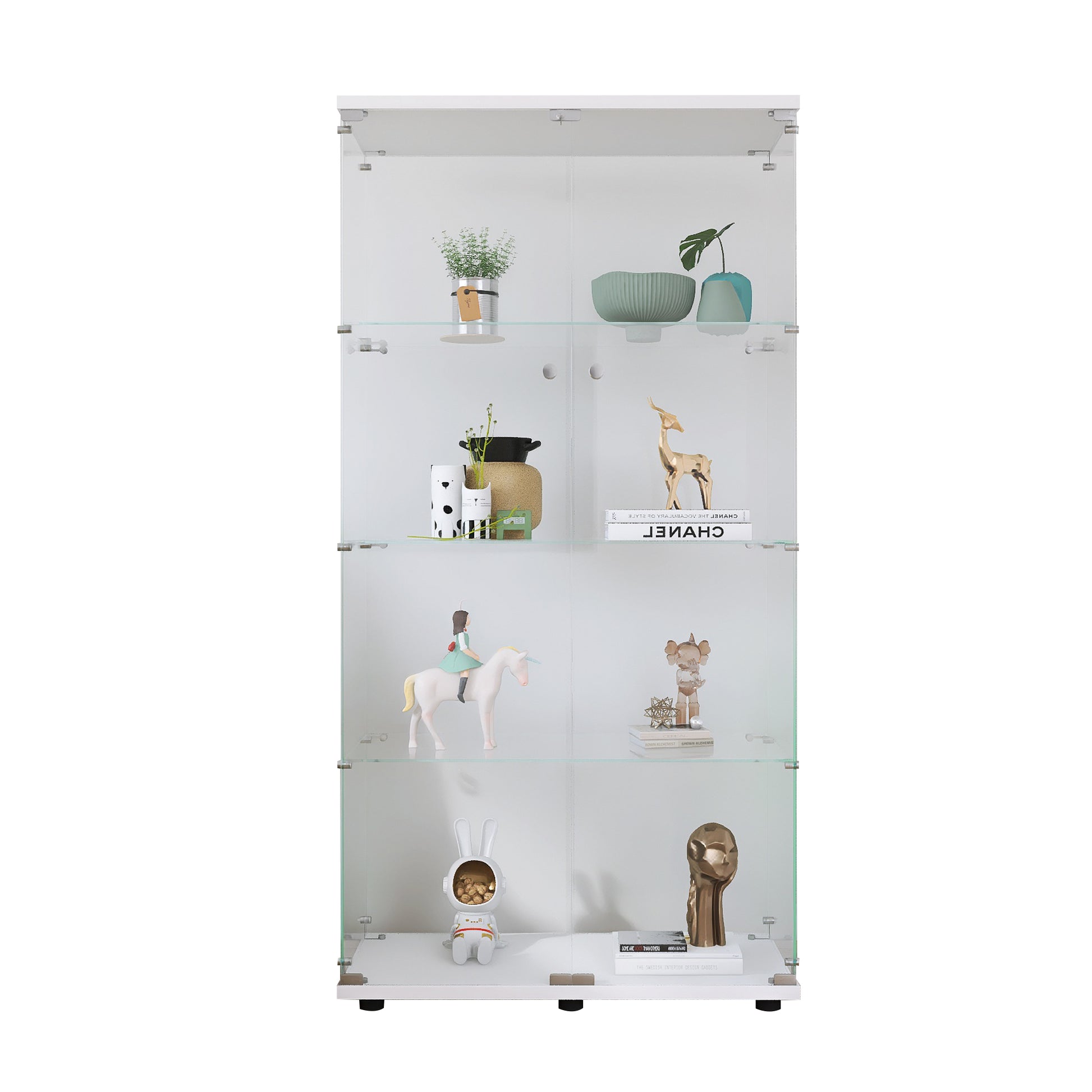 Two Door Glass Display Cabinet 4 Shelves With Door, Floor Standing Curio Bookshelf For Living Room Bedroom Office, 64.7"*31.7"*14.3", White White Glass