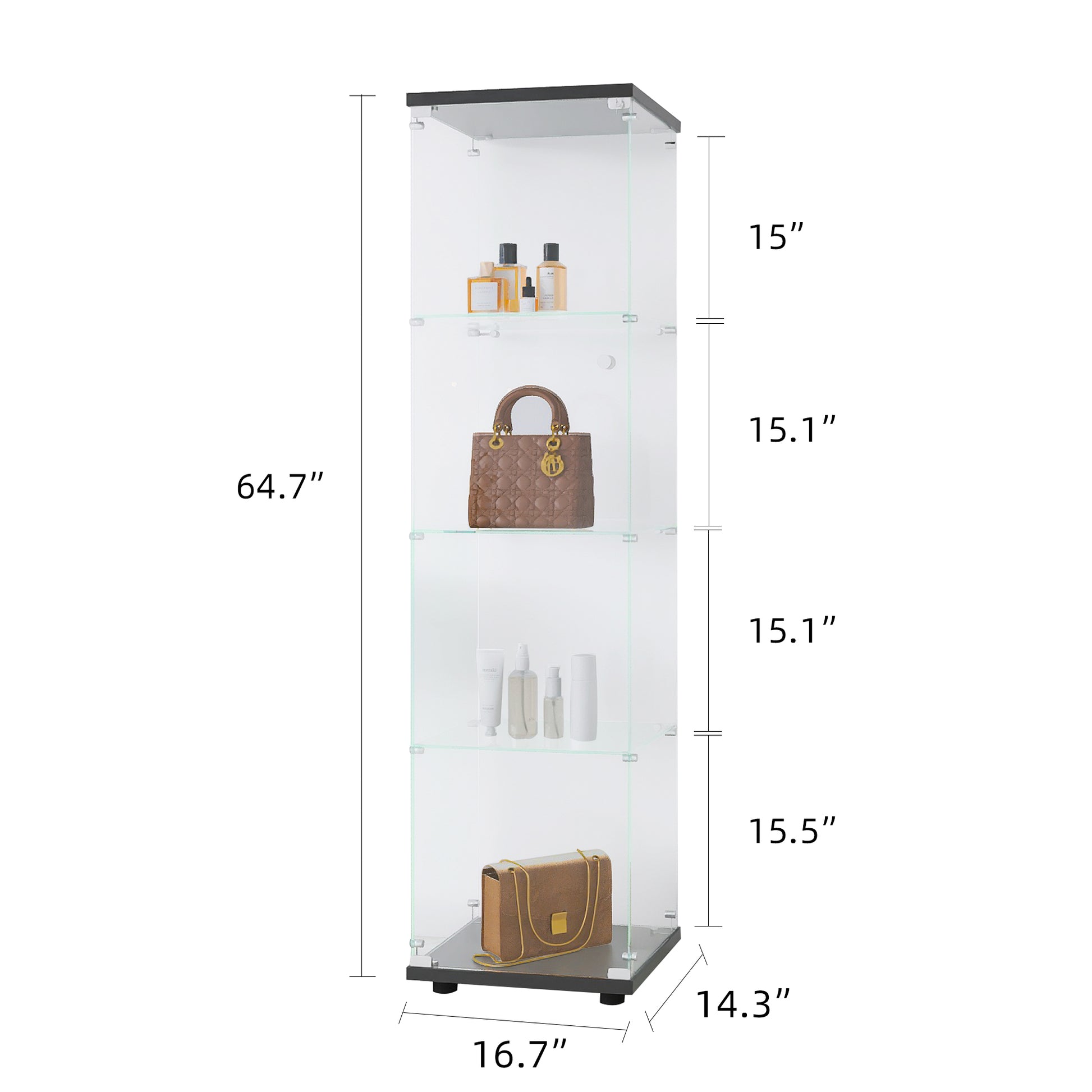 Glass Display Cabinet 4 Shelves With Door, Floor Standing Curio Bookshelf For Living Room Bedroom Office, 64.7"*16.7"*14.3", Black Black Glass