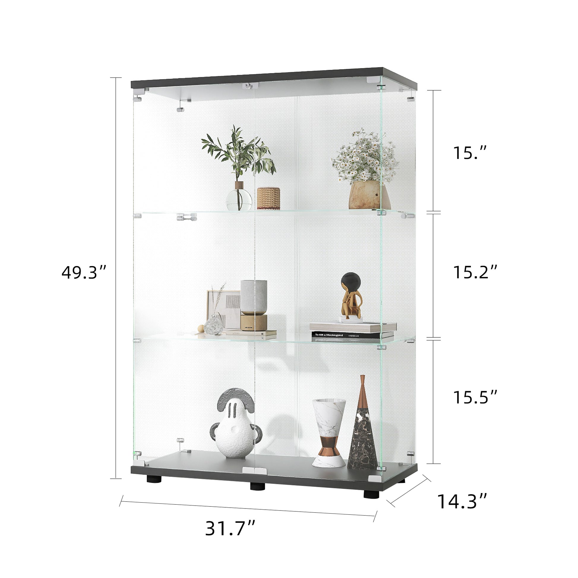 Two Door Glass Display Cabinet 3 Shelves With Door, Floor Standing Curio Bookshelf For Living Room Bedroom Office, 49.3"*31.7"*14.3",Black Black Glass