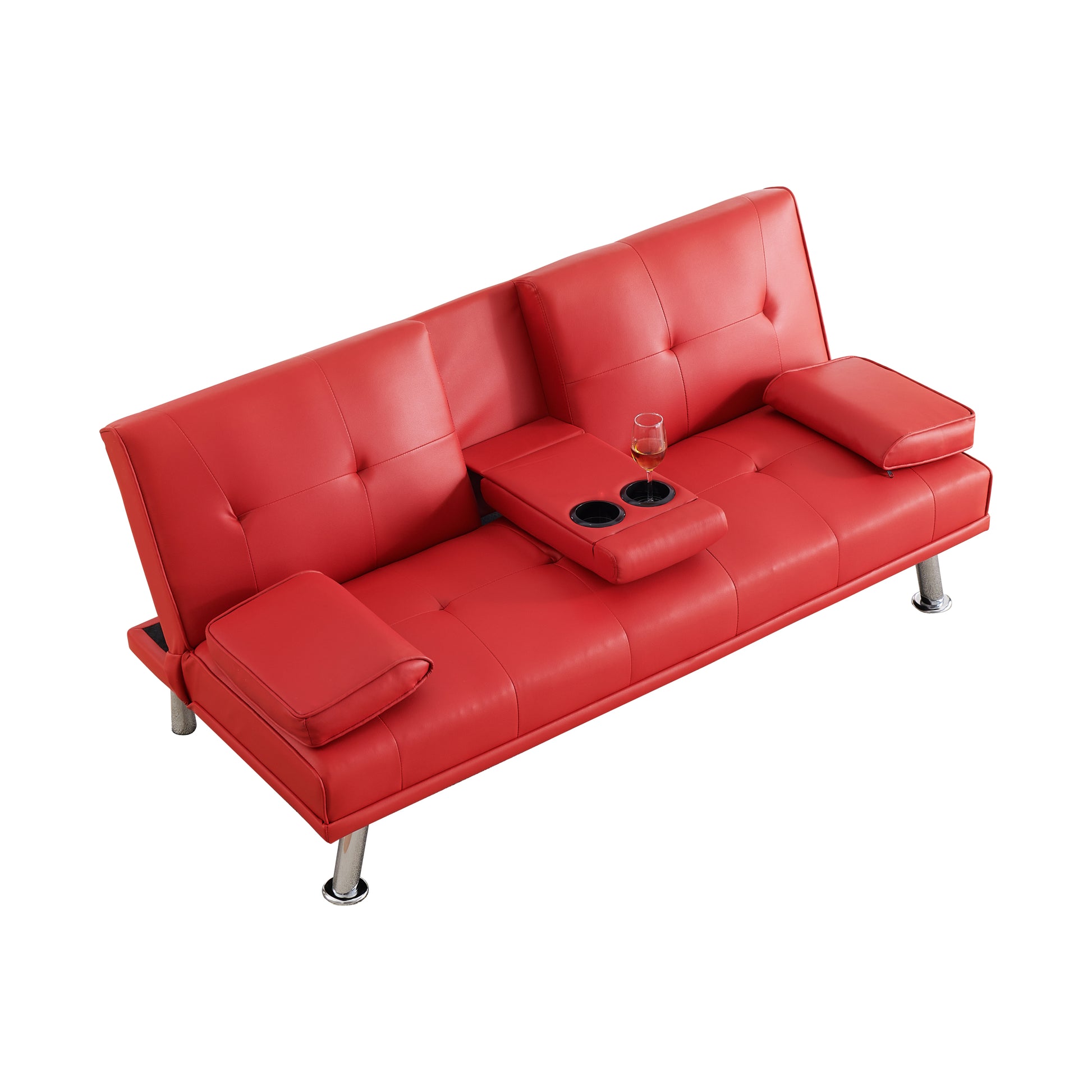 67" Red Leather Multifunctional Double Folding Sofa Bed For Office With Coffee Table Red Foam Pvc 2 Seat