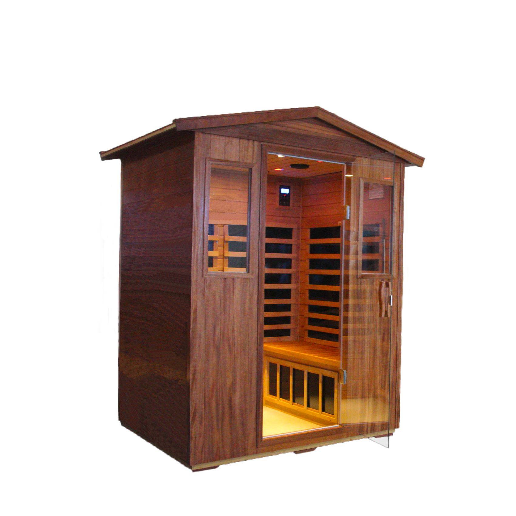 Four Person Khaya Far Infrared Outdoor Sauna Room Natural Wood Wood Stainless Steel Glass