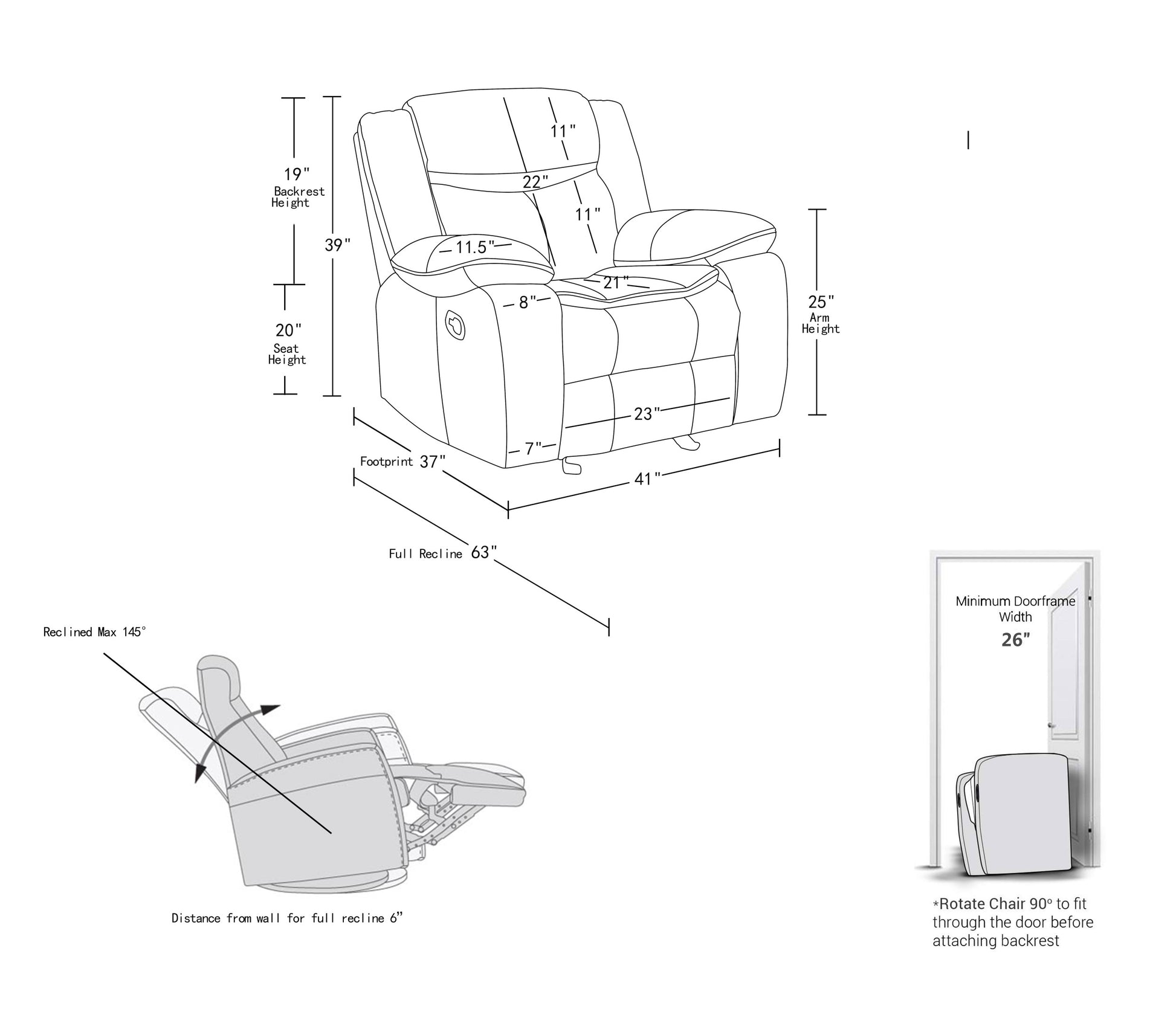 Transitional Leather Air Reclining Chair Gray Foam Leather