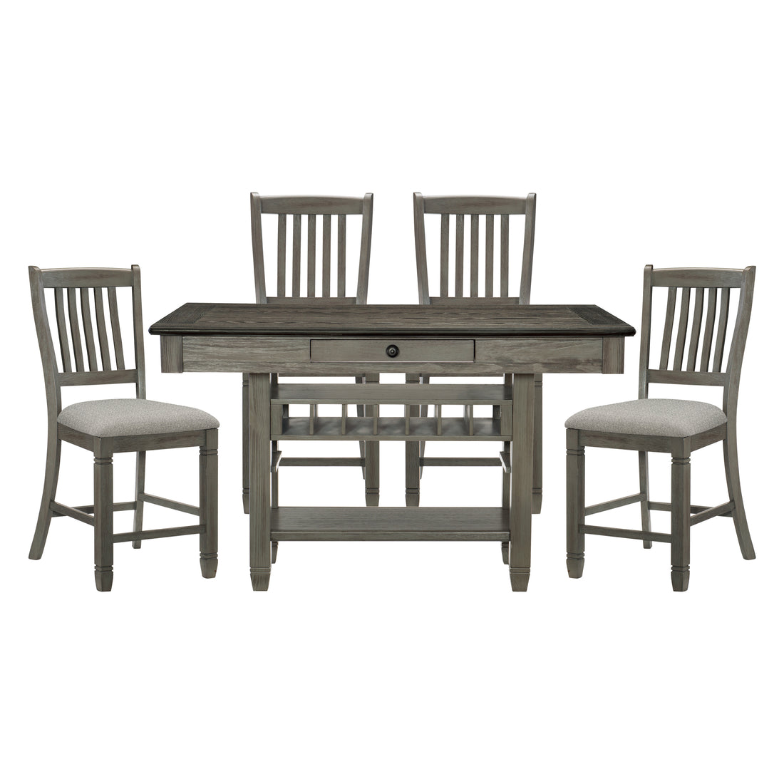 Antique Gray Dining Furniture Counter Height Table W Drawers Wine Rack Shelf And 4X Counter Height Chairs 5Pc Dining Set Classic Style Wood Wood Antique Gray Seats 4 Wood Dining Room 60 Inches Rectangular Dining Table With Chair Solid Wood