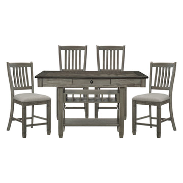 Antique Gray Dining Furniture Counter Height Table W Drawers Wine Rack Shelf And 4X Counter Height Chairs 5Pc Dining Set Classic Style Wood Wood Antique Gray Seats 4 Wood Dining Room 60 Inches Rectangular Dining Table With Chair Solid Wood