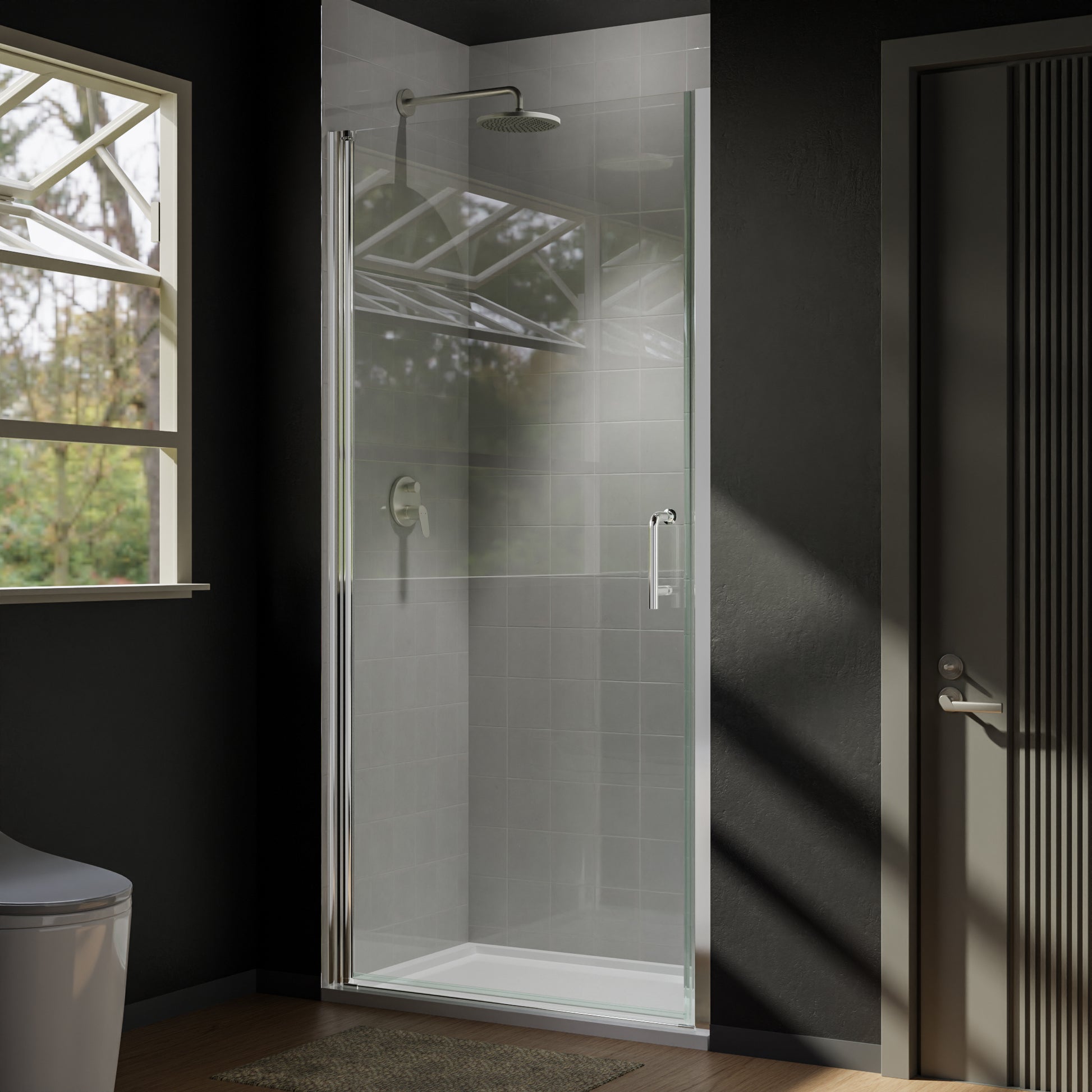 36 In. To 37 3 8 In. X 72 In Semi Frameless Pivot Shower Door In Chrome With Clear Glass Chrome Glass