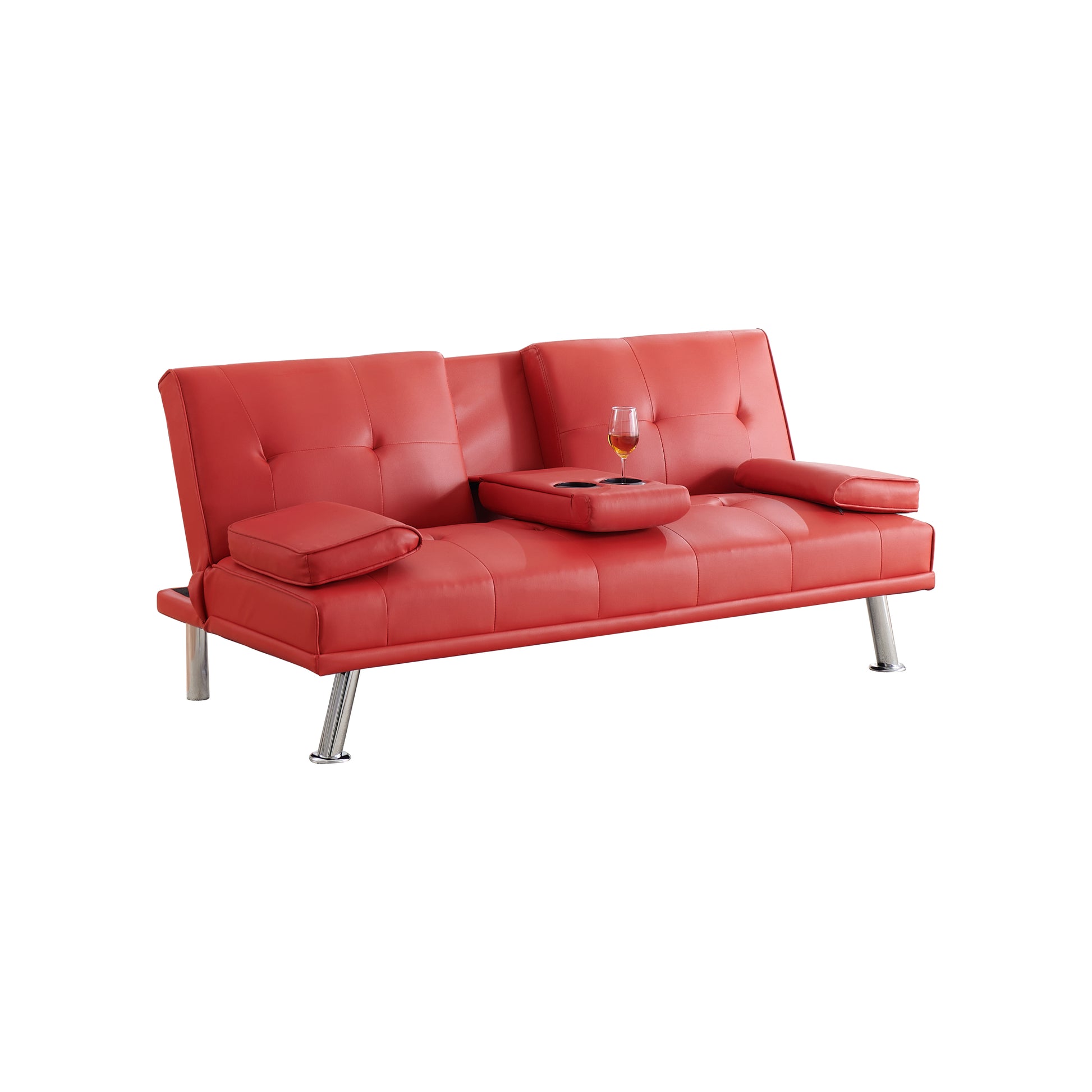 67" Red Leather Multifunctional Double Folding Sofa Bed For Office With Coffee Table Red Foam Pvc 2 Seat