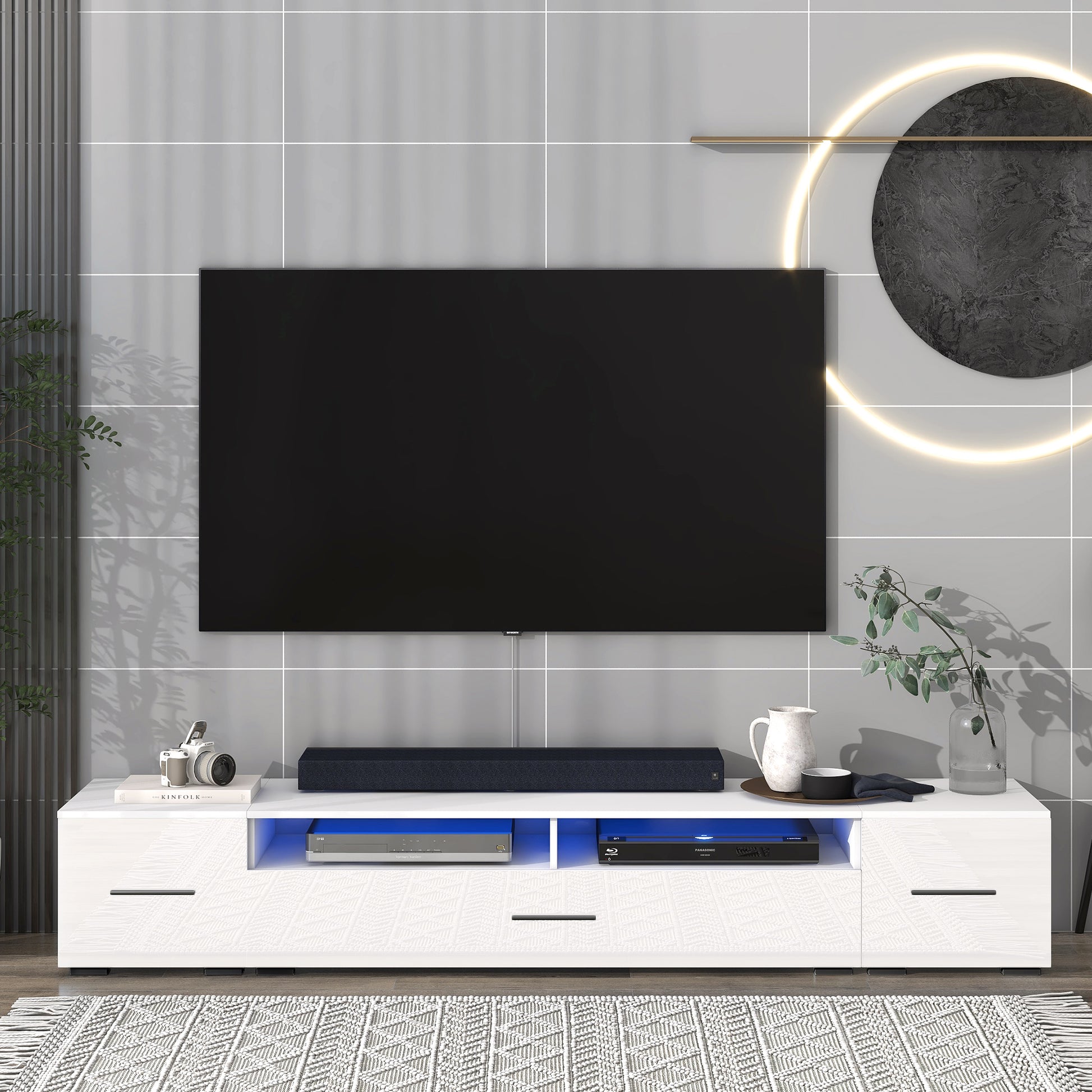 Extended, Minimalist Design Tv Stand With Color Changing Led Lights, Modern Universal Entertainment Center, High Gloss Tv Cabinet For 90 Inch Tv, White White Particle Board