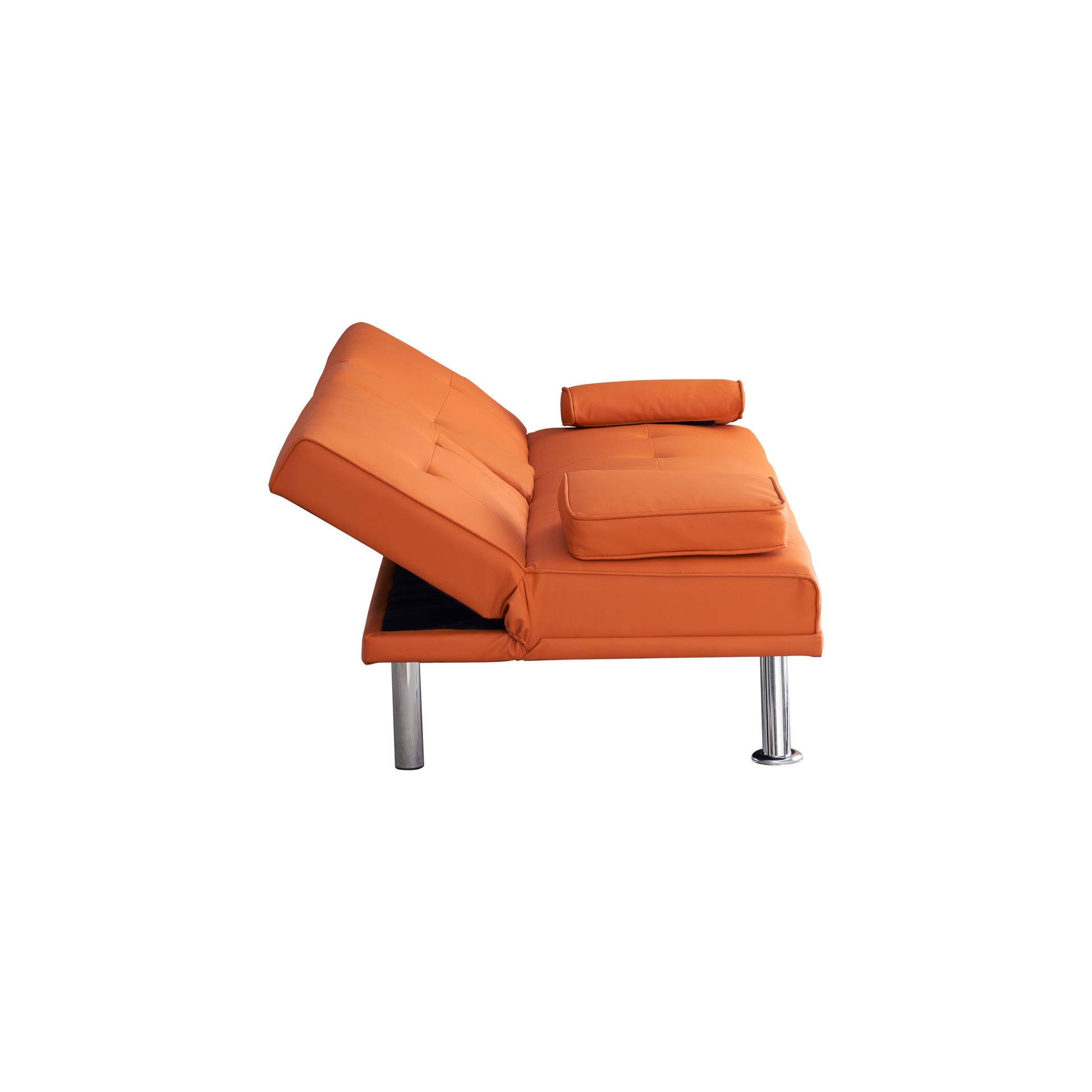 67" Orange Leather Multifunctional Double Folding Sofa Bed For Office With Coffee Table Orange Foam Pvc 2 Seat