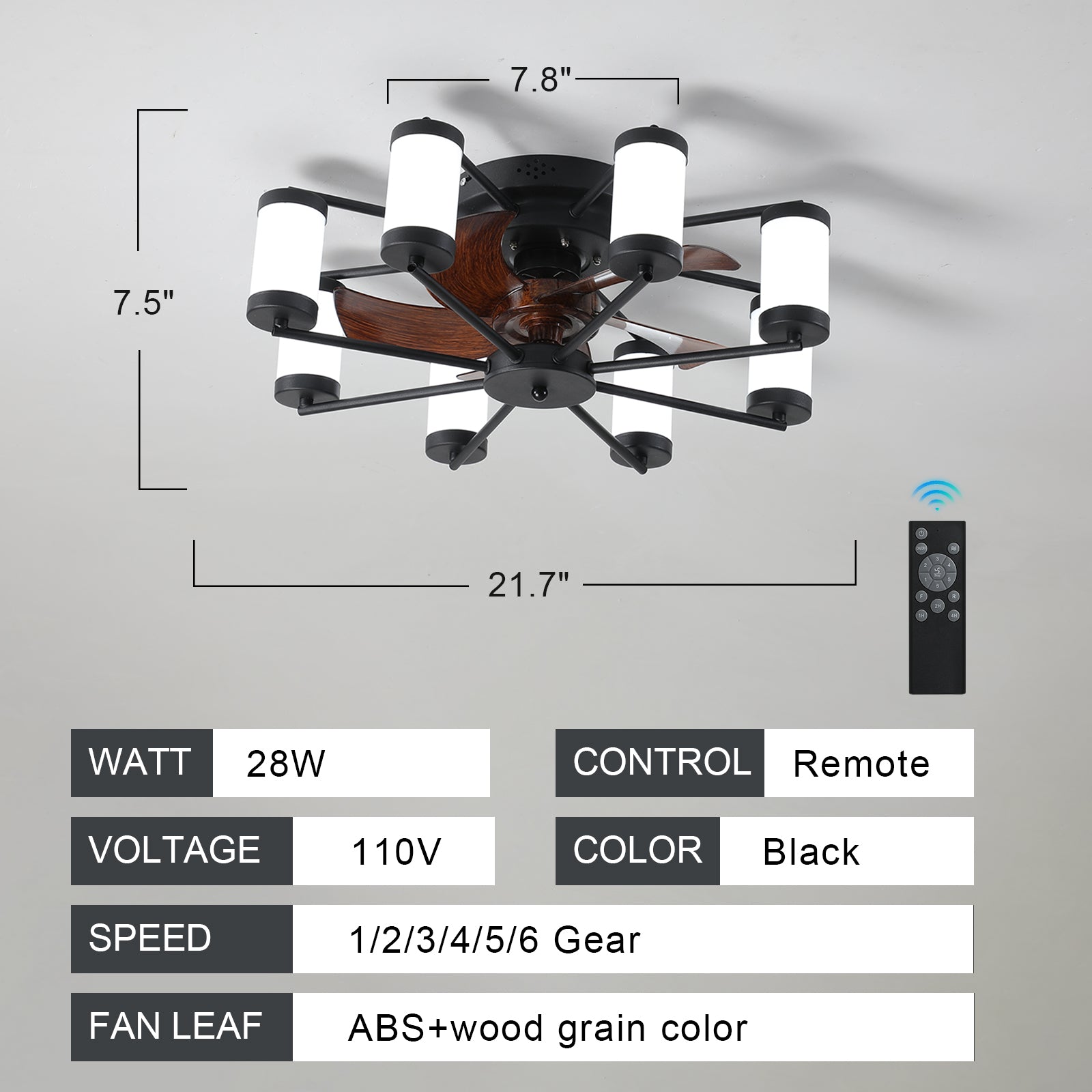 21.7 Inch Ceiling Fan Light Windmill Shaped Flush Mount Ceiling Fan With Light With Remote Control And Timer,Black Black White Abs Iron