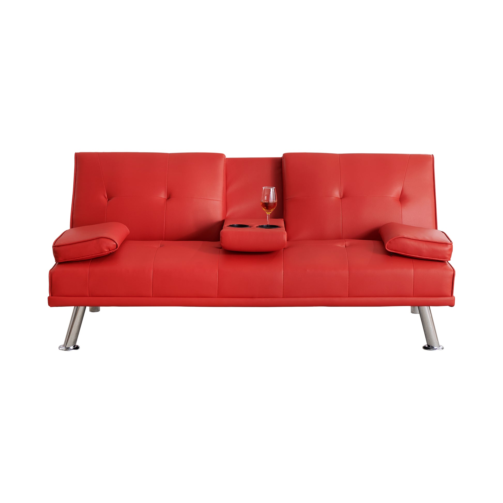 67" Red Leather Multifunctional Double Folding Sofa Bed For Office With Coffee Table Red Foam Pvc 2 Seat