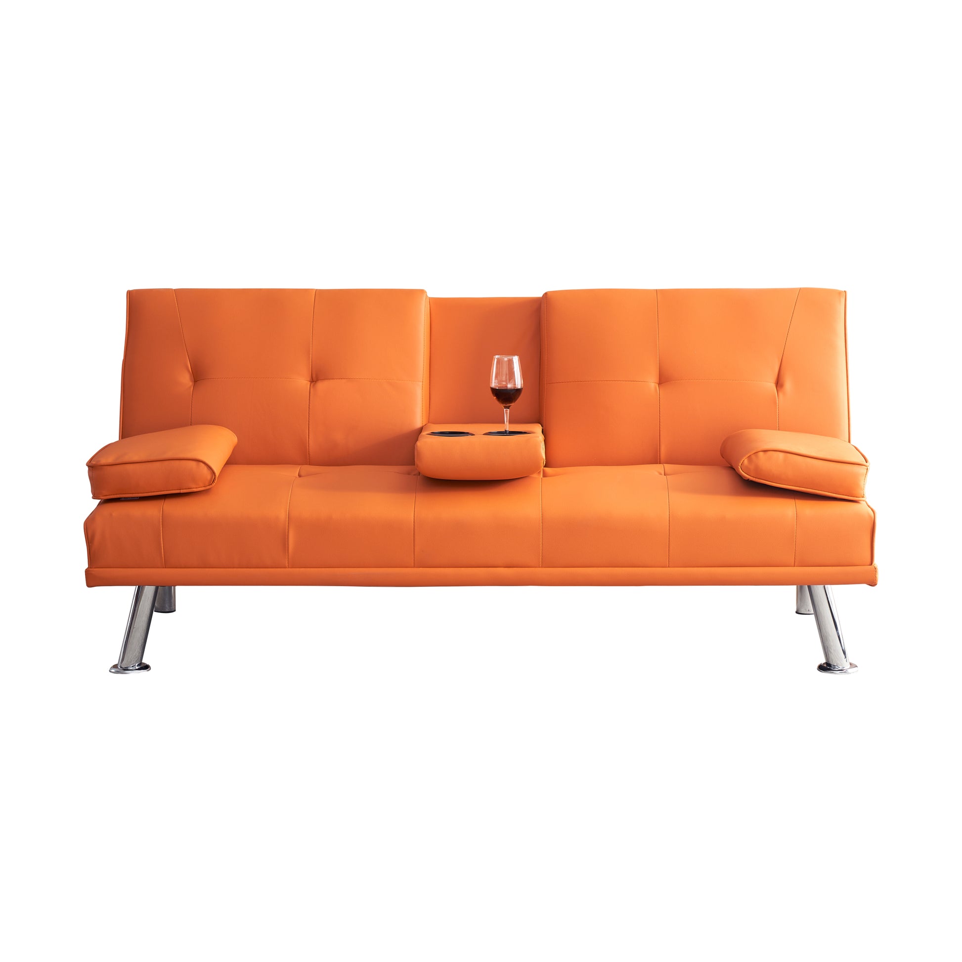 67" Orange Leather Multifunctional Double Folding Sofa Bed For Office With Coffee Table Orange Foam Pvc 2 Seat