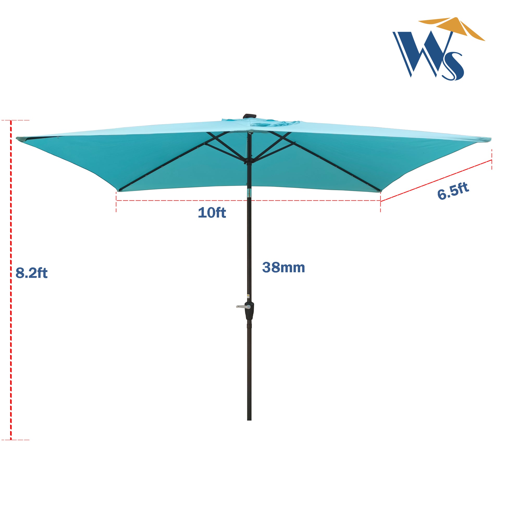 10 X 6.5T Rectangular Patio Solar Led Lighted Outdoor Umbrellas With Crank And Push Button Tilt For Garden Backyard Pool Swimming Pool Turquoise Steel