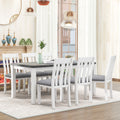 Retro Style 7 Piece Dining Table Set With Extendable Table And 6 Upholstered Chairs Gray White White Gray Solid Wood